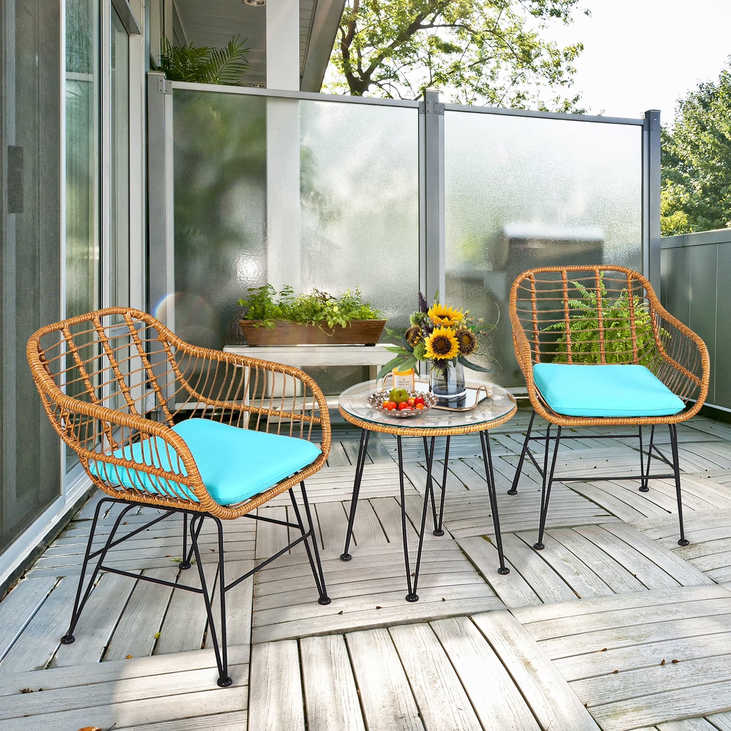 3PCS Patio Rattan Bistro Furniture Set Cushioned Chair Table Grey