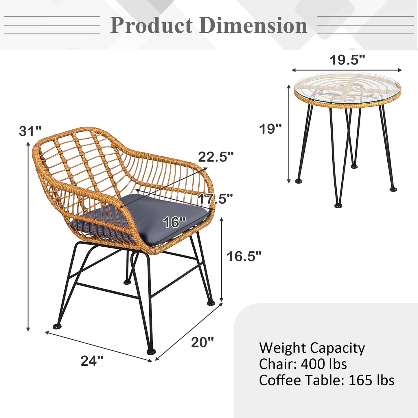 3PCS Patio Rattan Bistro Furniture Set Cushioned Chair Table Grey