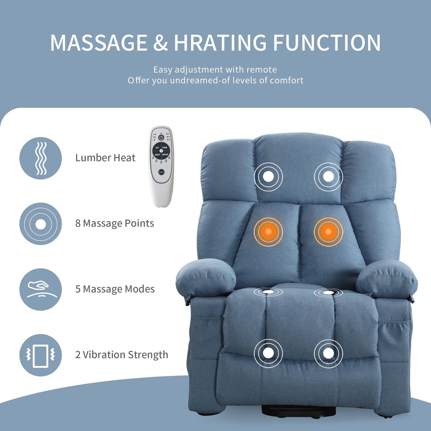 Power Lift Recliner Chair Recliners for Elderly with Heat and Massage Recliner Chair for Living Room with Infinite Position and Side Pocket,Usb Charge Port,Blue