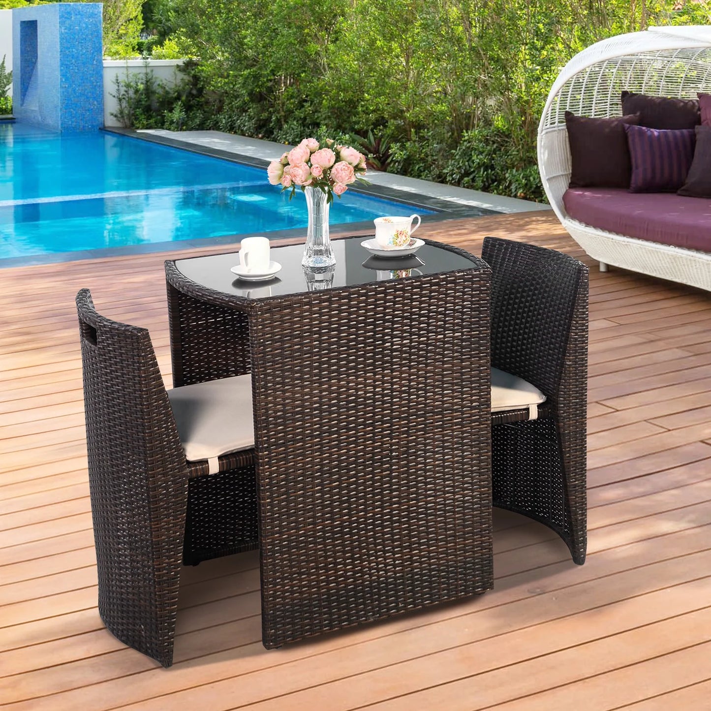 3 PCS Cushioned Outdoor Wicker Patio Set Garden Lawn Sofa Furniture Seat Brown No Assembly