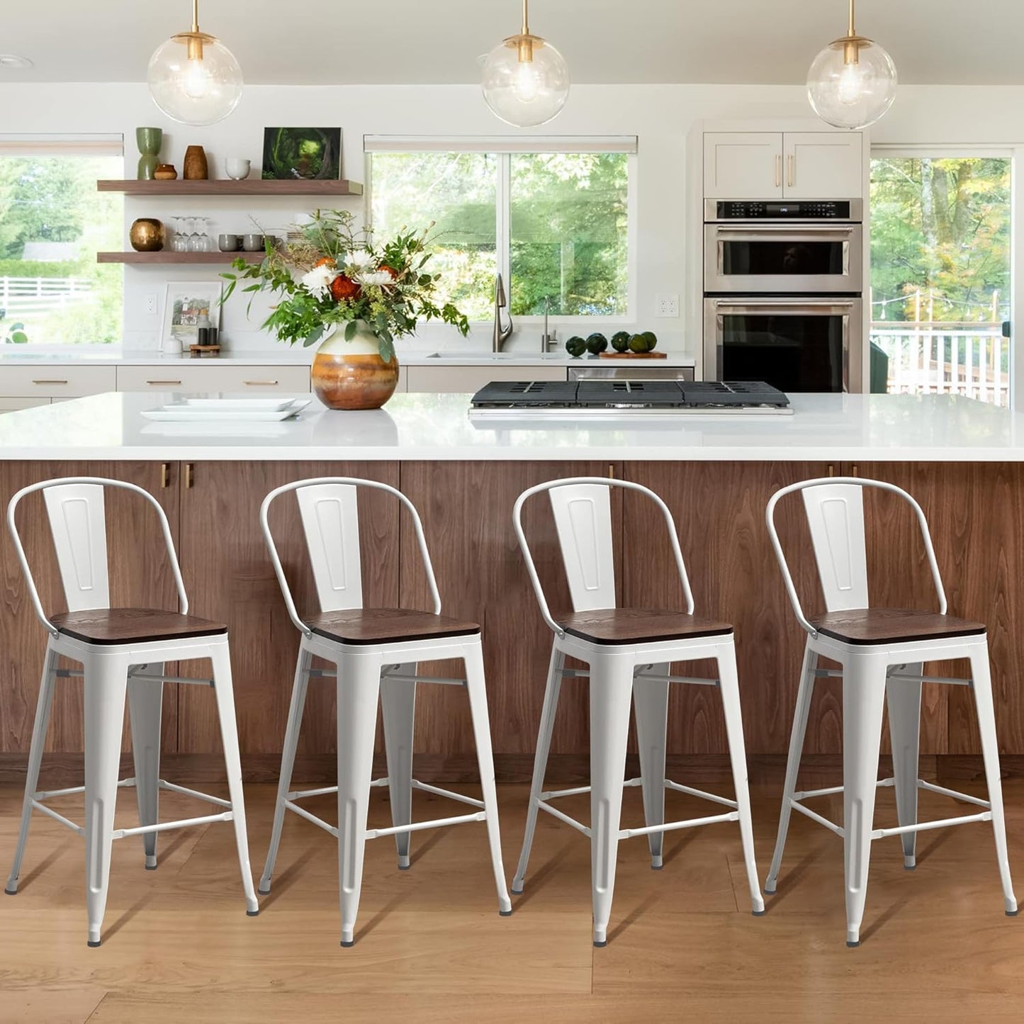 Metal Bar Stools Set of 4,26 Inch Barstools Counter Height Bar Stool with Backs Farmhouse Bar Stools with Larger Seat High Back Kitchen Dining Chairs Modern Bar Chairs White Cream Stool