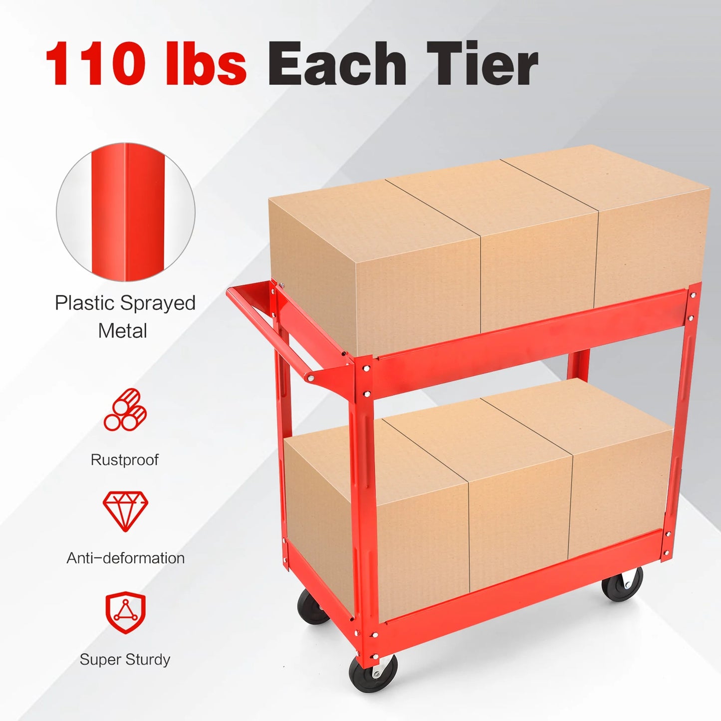 2-Tier Utility Cart Metal Service Cart Rolling Tool Storage Organizer with Handle Red