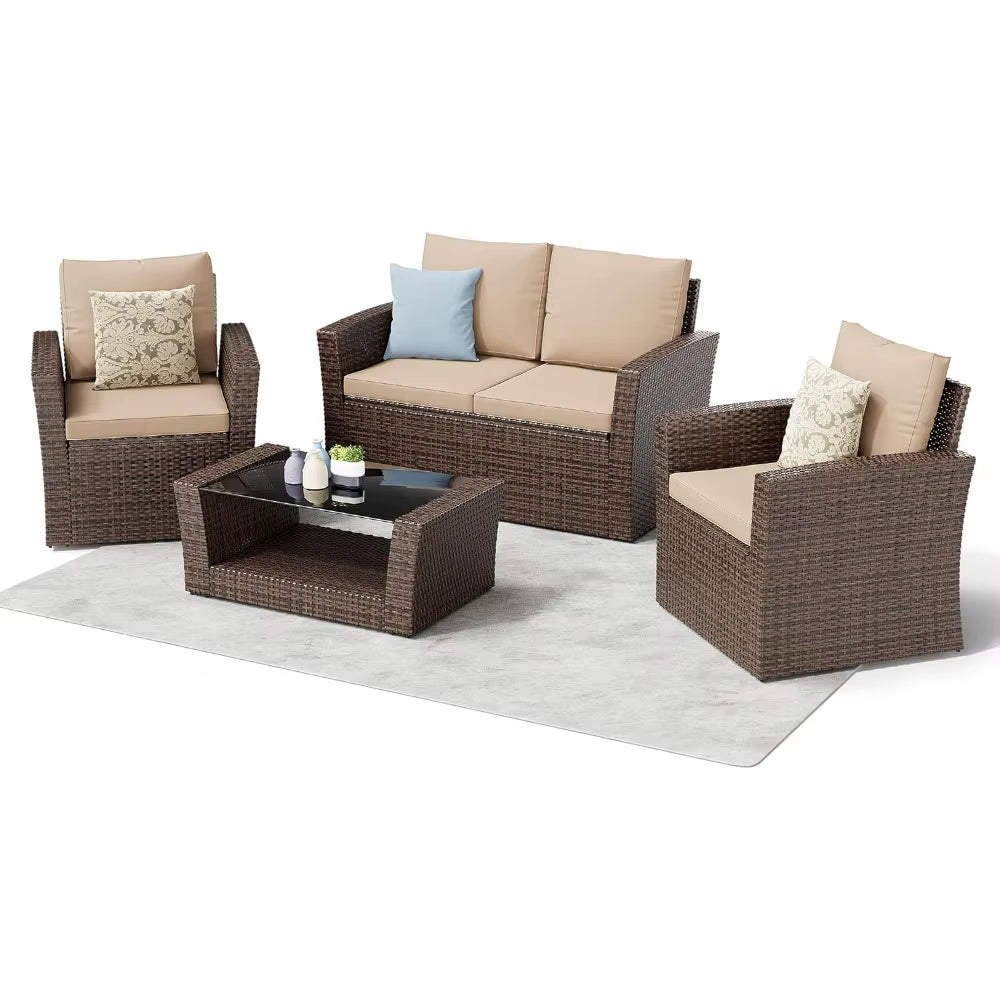 4 Piece Outdoor Patio Conversation Sets, Wicker Patio Furniture with Rattan Glass Table,Cushioned Patio Furniture Set for Garden