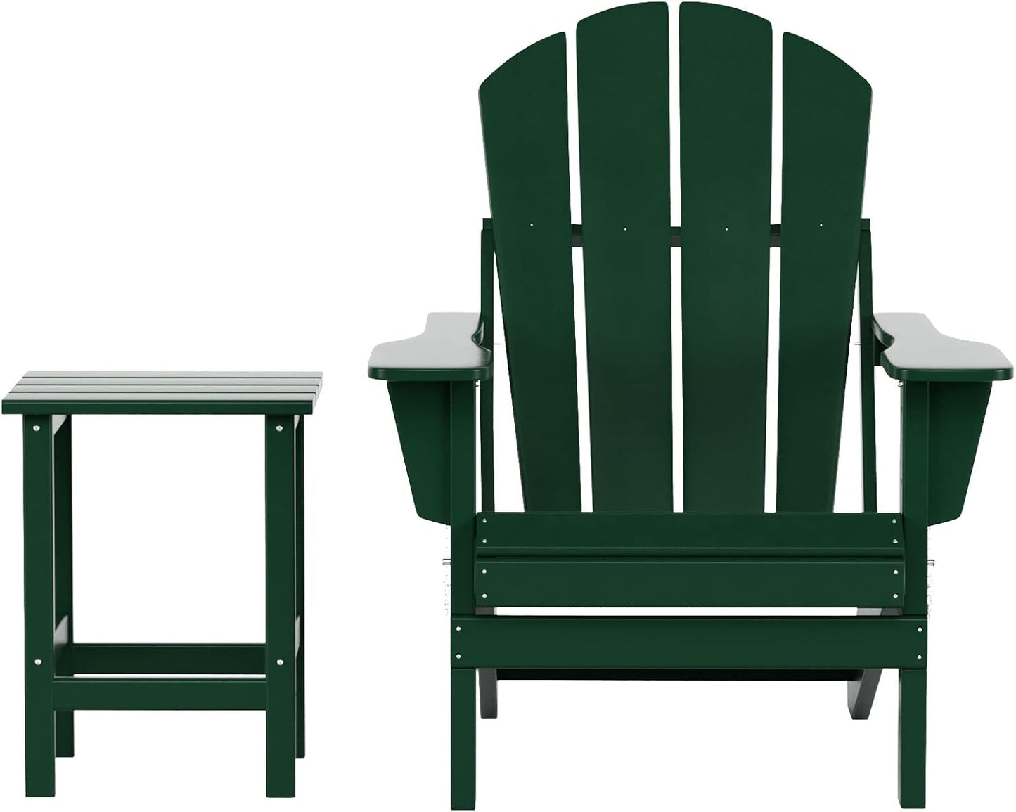 WO Home Furniture Adirondack Chair Table Set of 2 PCS Outdoor Folding Chair W Side Table Weather/Uv Resistant for Lawn, Garden, Bon Fire, Balcony (Dark Green)