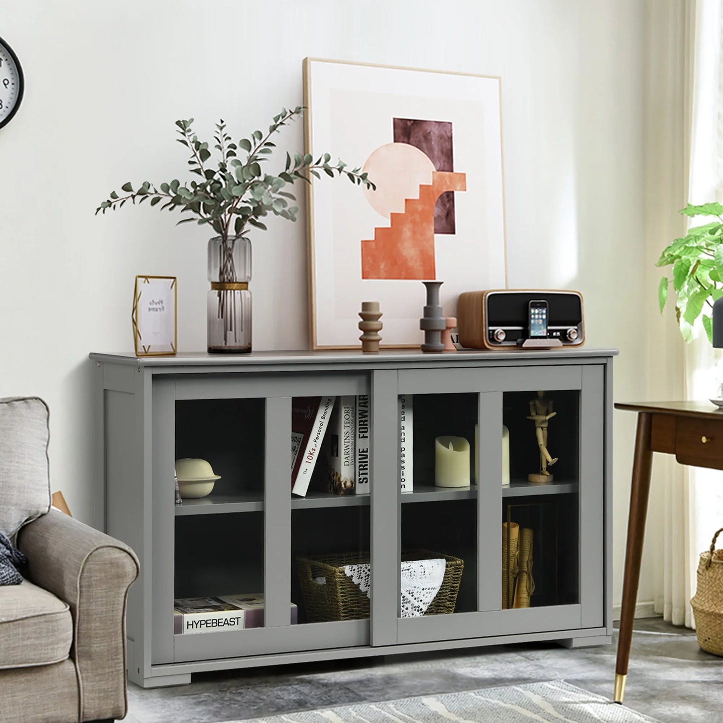 Kitchen Storage Cabinet Sideboard Buffet Cupboard W/ Sliding Door Gray