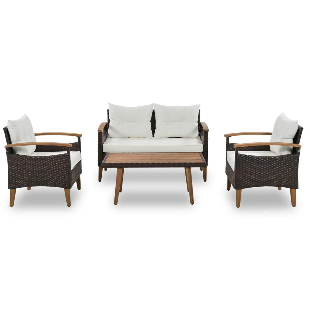 4-Piece Patio Seating Set, Patio Furniture Set, Patio Furniture Set, Wicker Garden Furniture with Wood Table and Legs, PE Rattan Outdoor Sofa Set for Balcony, Beige