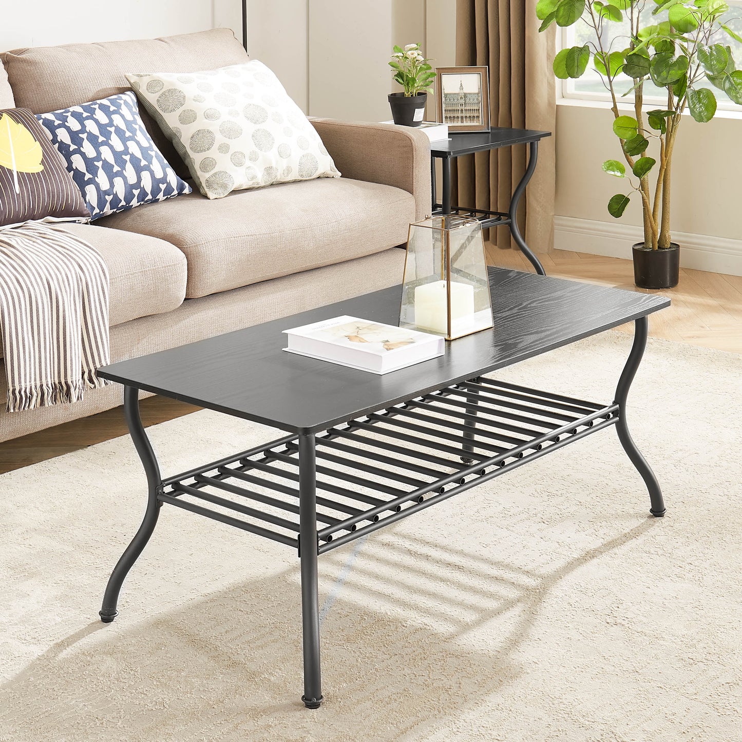 3 Piece Coffee Table Set,With 1 Coffee Table & 2 End Side Table,For Living Room,Metal+Wood