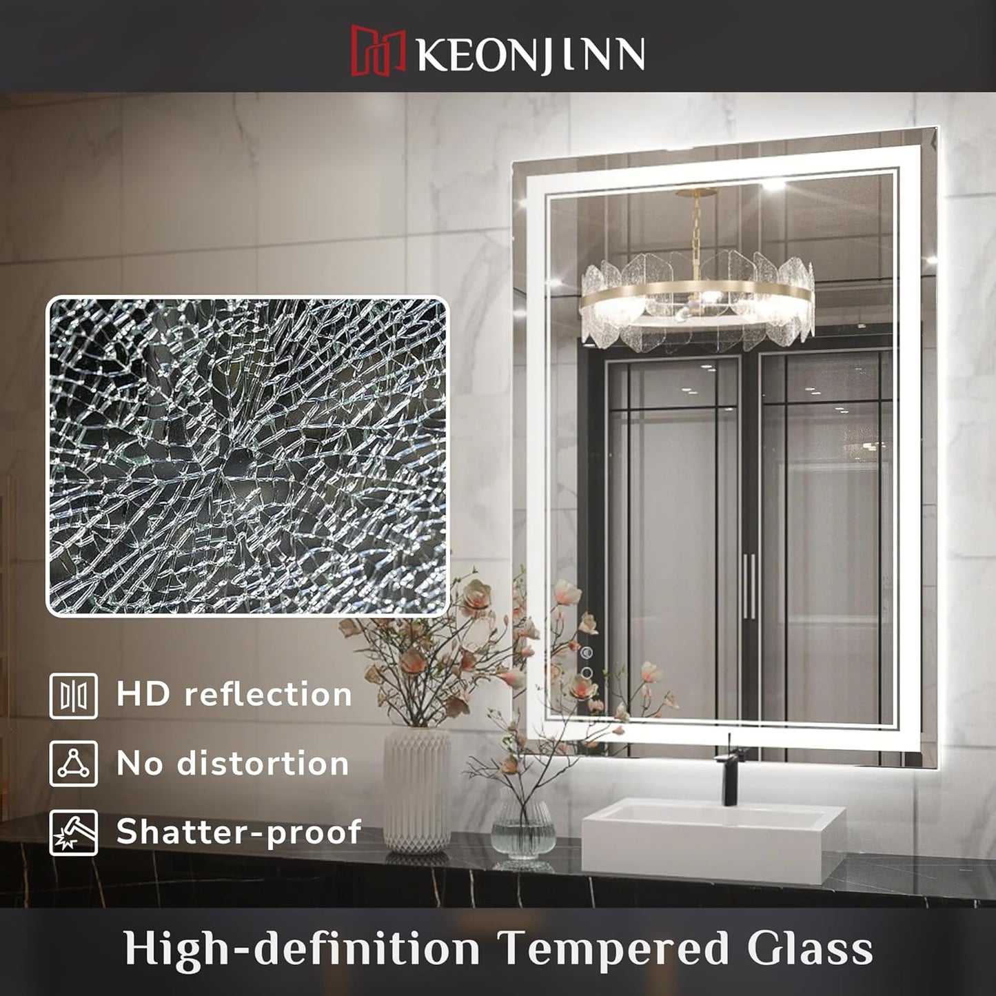 LED Mirror for Bathroom, 36 X 24 Inch, Wall Mounted, Dimmable, Anti-Fog, IP54 Waterproof, 3 Year Warranty