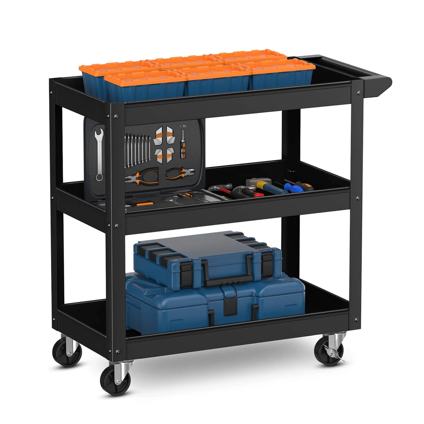 3-Tier Metal Utility Cart 400 Lbs Storage Service Trolley Tool Storage Black