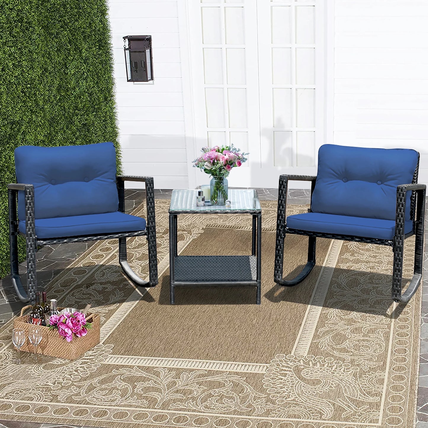 3PCS Patio Rattan Furniture Set Rocking Chairs Cushioned Sofa Gray
