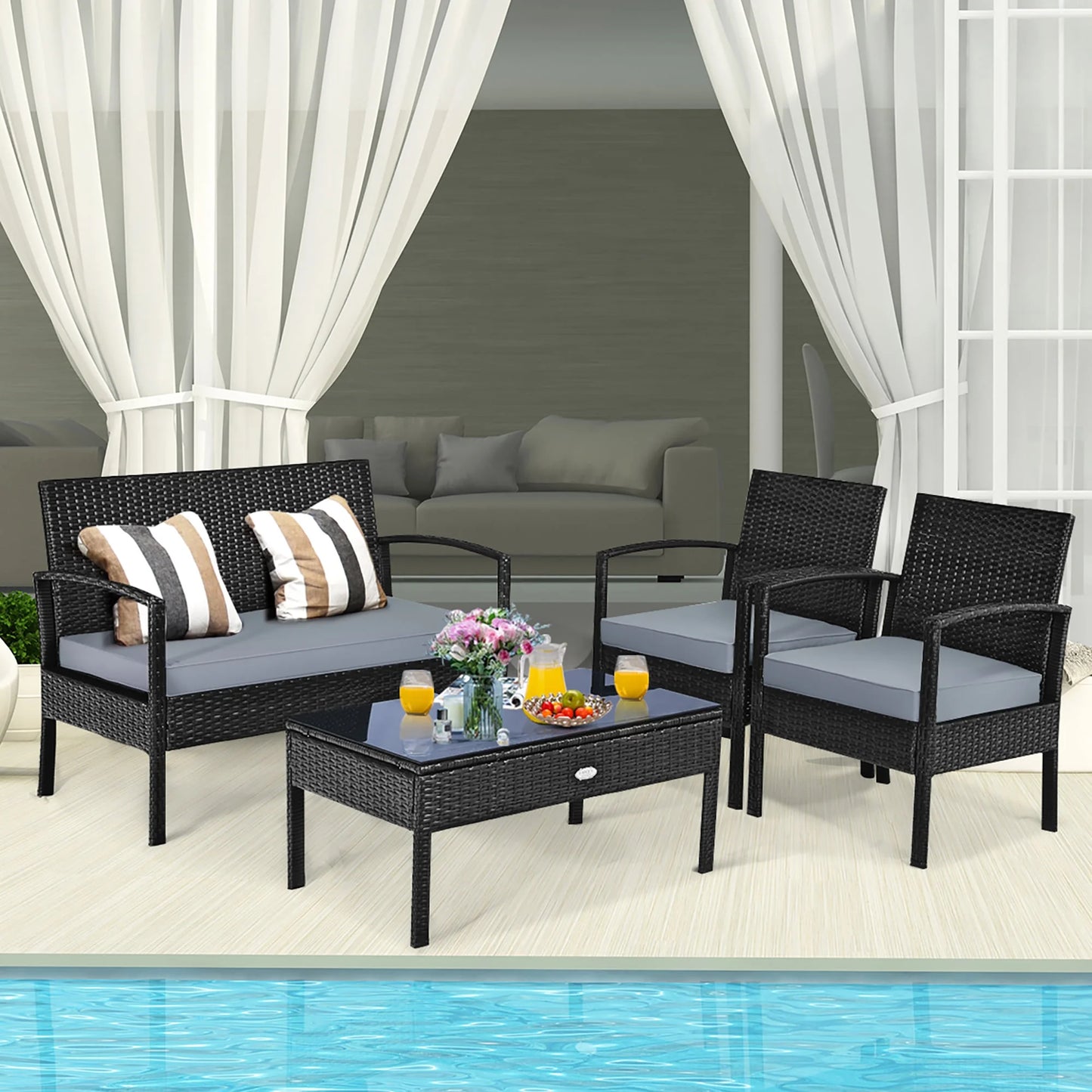 HW63756 4PCS Patio Rattan Furniture Set Garden Deck