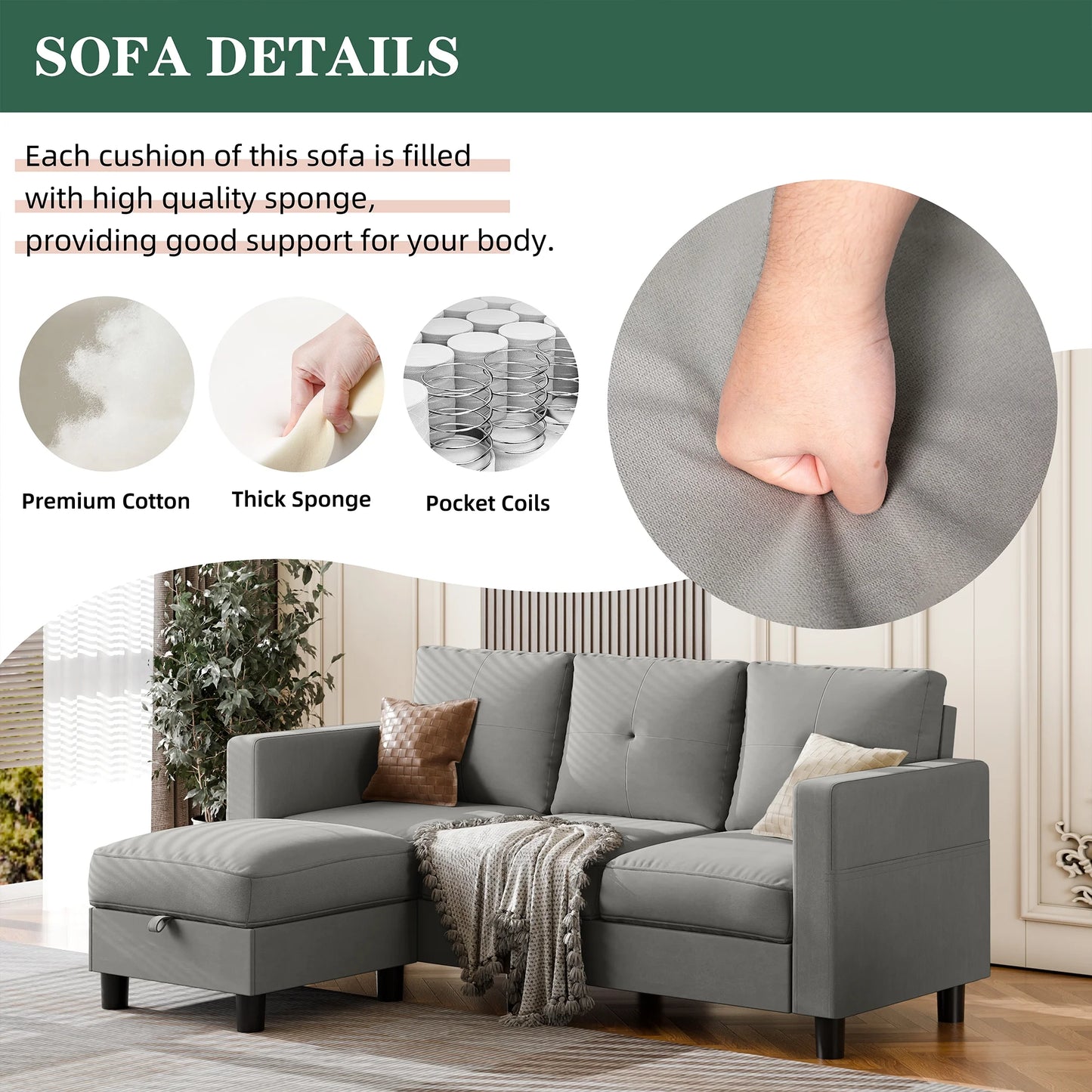 78" Convertible Sectional Sofa Couch L Shaped Couch Sofa for Living Room,Small 3 Seater Sofa Couch with Storage Ottoman and Side Pockets(Light Gray)