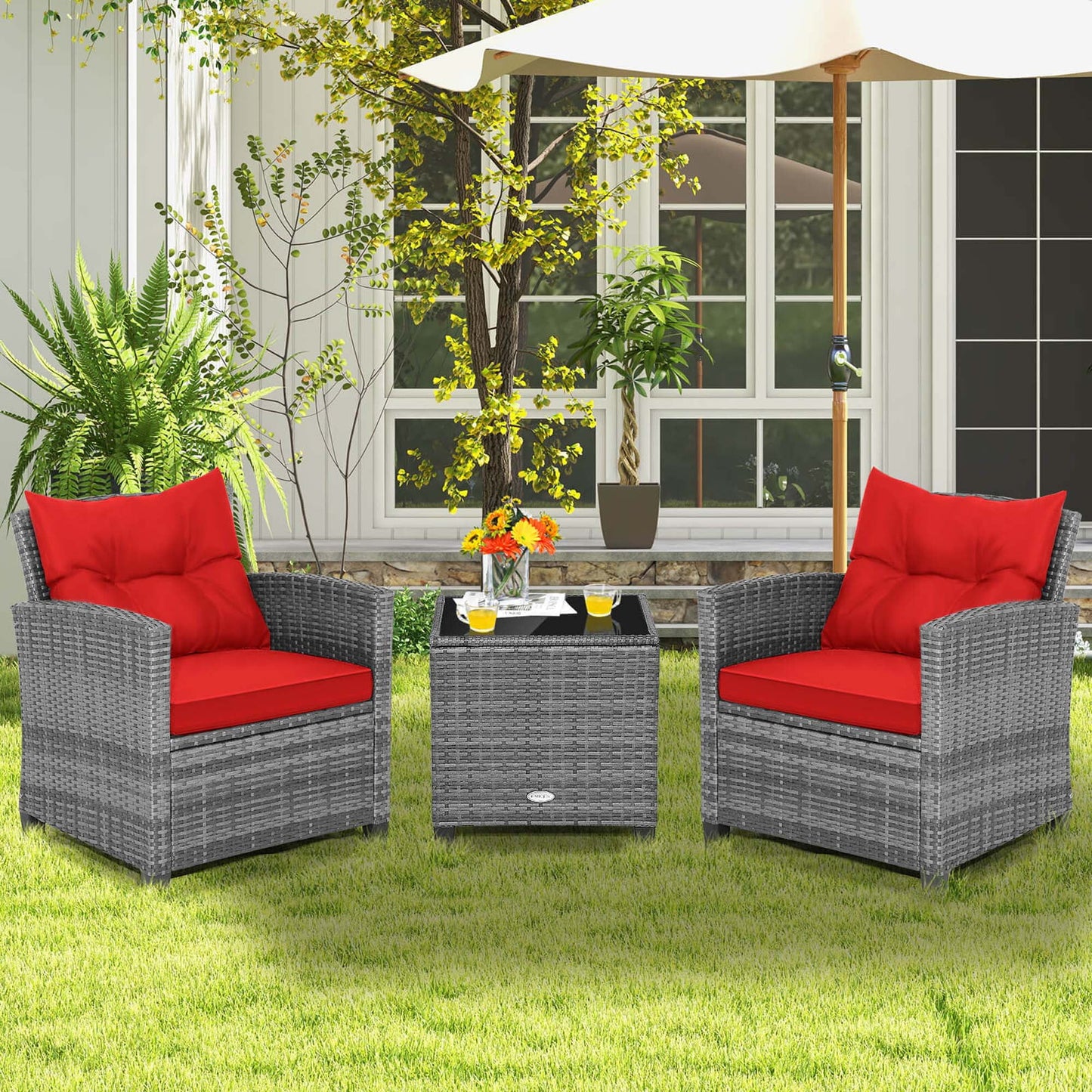 3PCS Patio Rattan Furniture Bistro Set Cushioned Sofas Side Table Armrest Navy