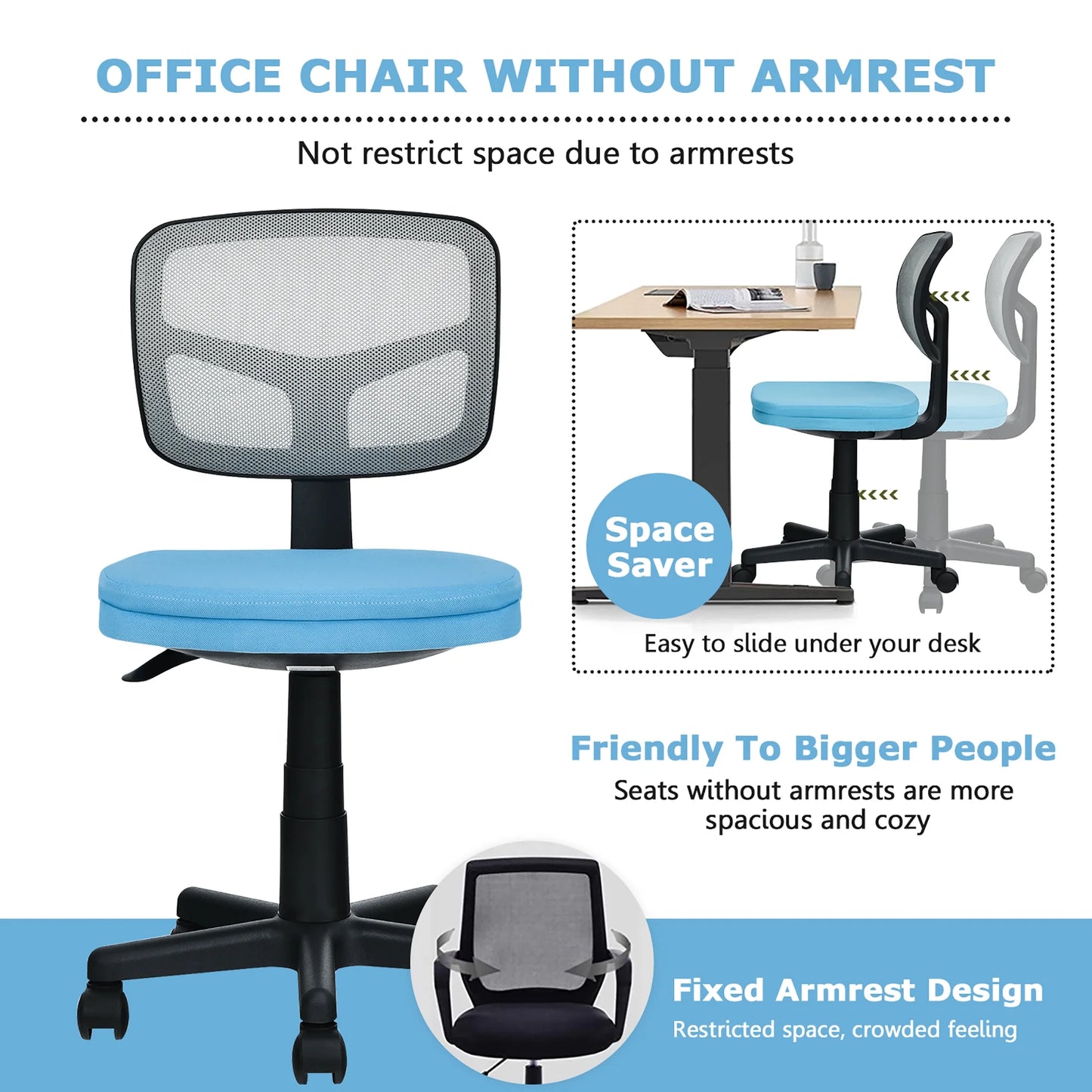 Armless Office Chair Adjustable Swivel Computer Mesh Desk Chair Blue