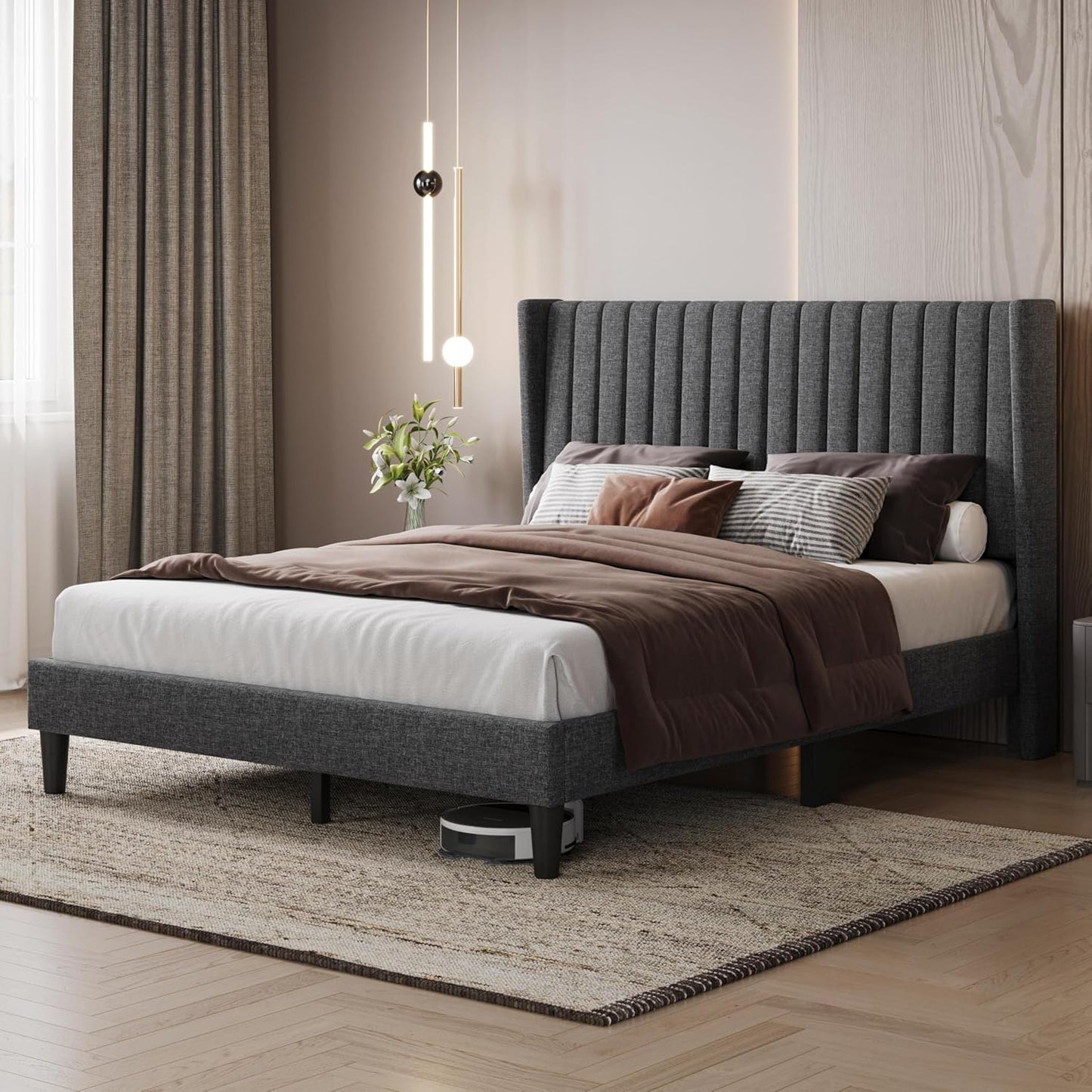 Queen Bed Frame Upholstered Platform Bed with Fabric Headboard, Wing Edge Design/Non-Slip and Noise-Free/Wooden Slats Support/No Box Spring Needed/Easy Assembly, Dark Gray Queen Bed