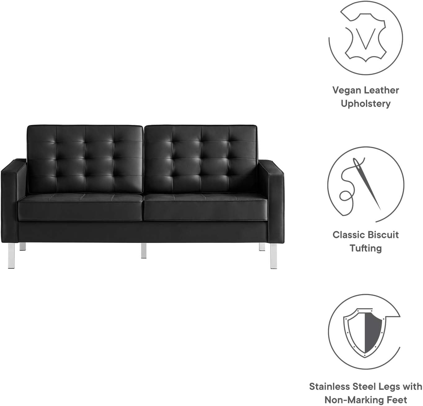Loft Tufted Button Faux Leather Upholstered Loveseat in Silver Black