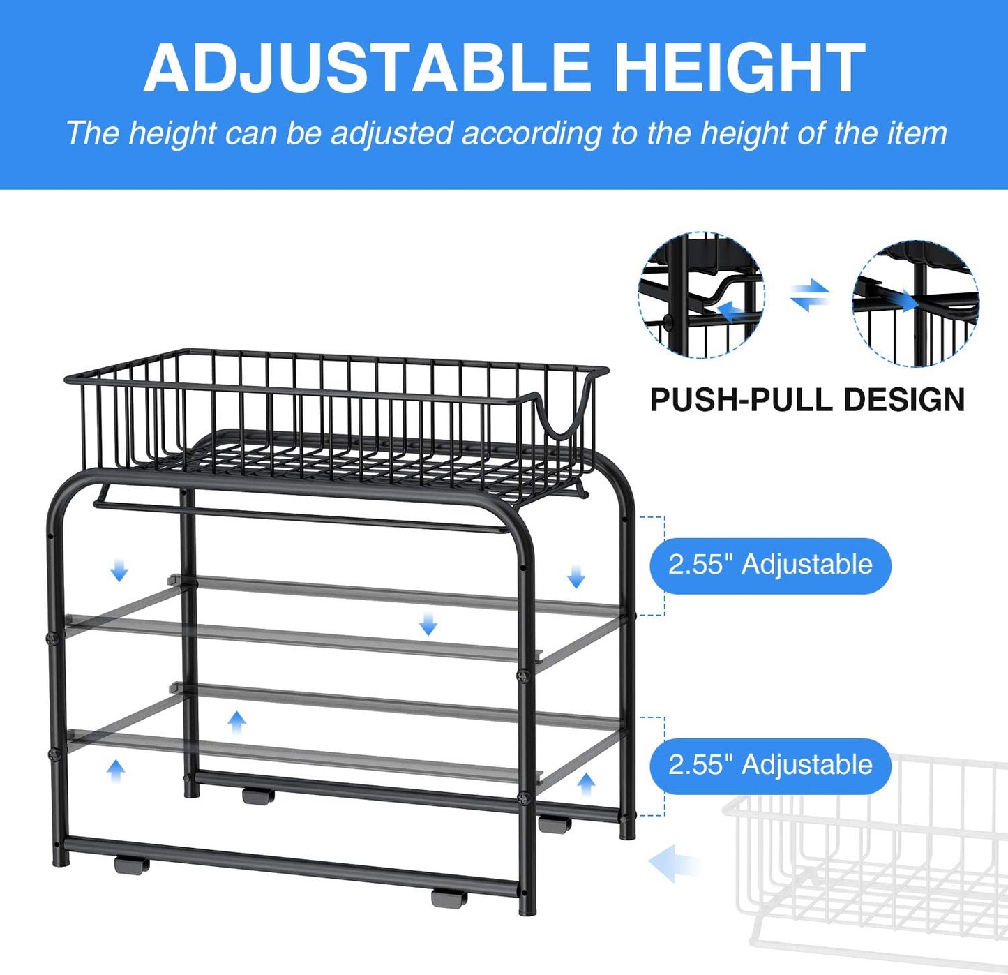 Pull-Out Cabinet Organizer, Stackable 2-Tier under Sink Rack, with Sliding Storage Drawer for Pantry, and Desktop, for Bathroom, Kitchen, Office, Black