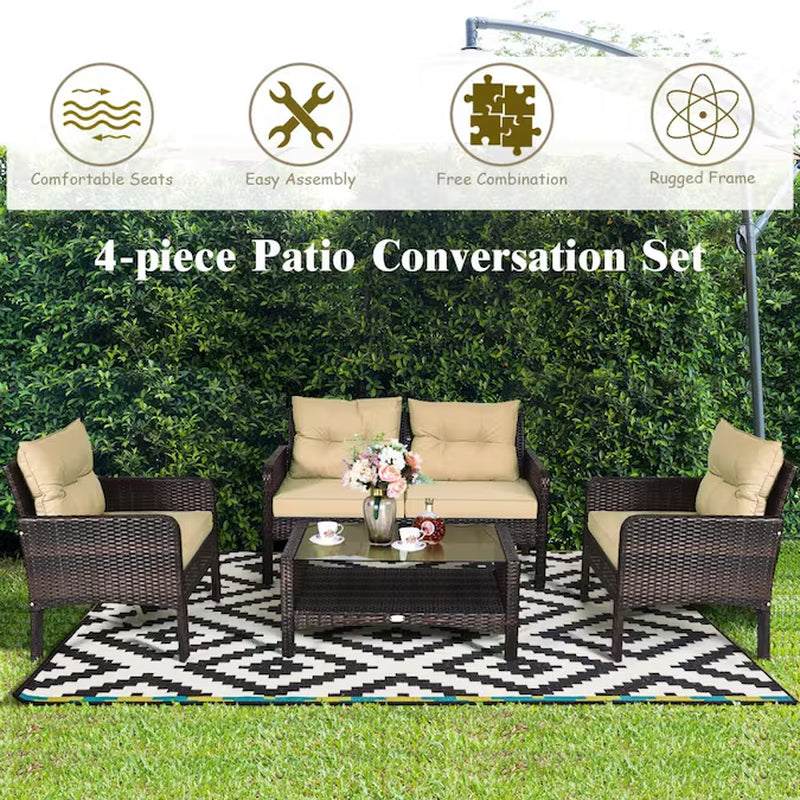 Rattan Outdoor Sofa with Brown Cushions and Steel Frame