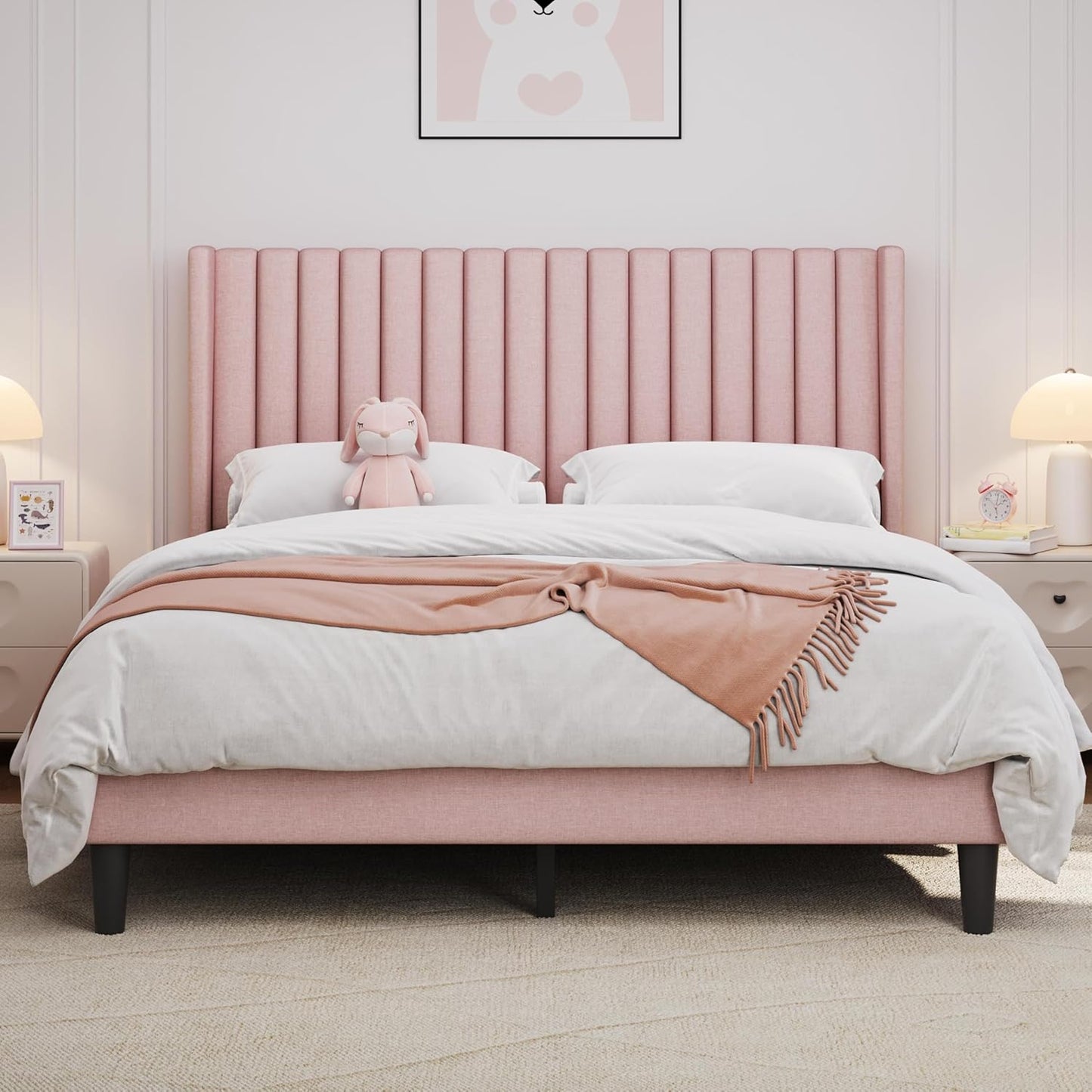 Queen Bed Frame Upholstered Platform Bed with Fabric Headboard, Wing Edge Design/Non-Slip and Noise-Free/Wooden Slats Support/No Box Spring Needed/Easy Assembly, Dark Gray Queen Bed
