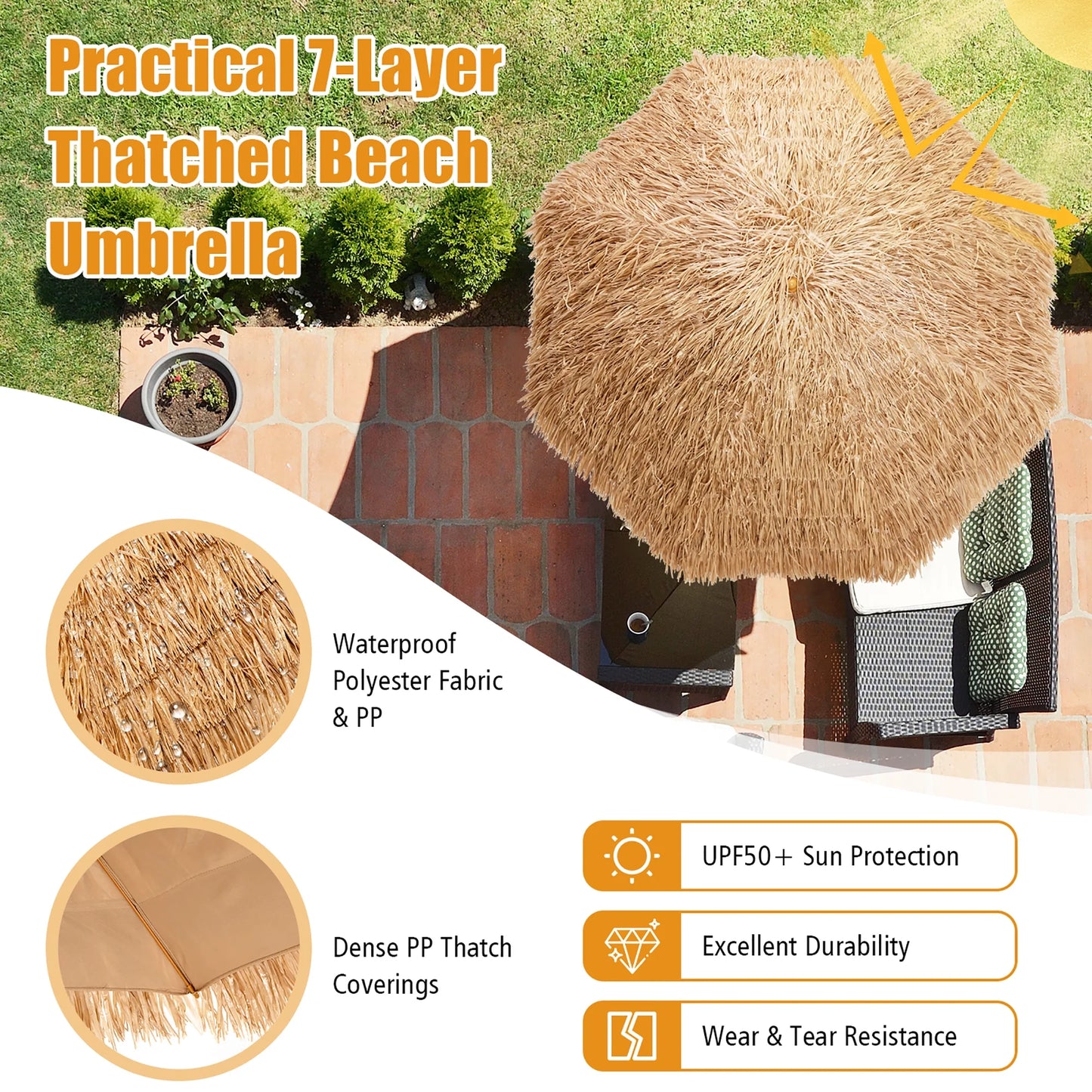 8 FT Patio Thatched Tiki Umbrella 8 Ribs Portable Hawaiian Hula Beach