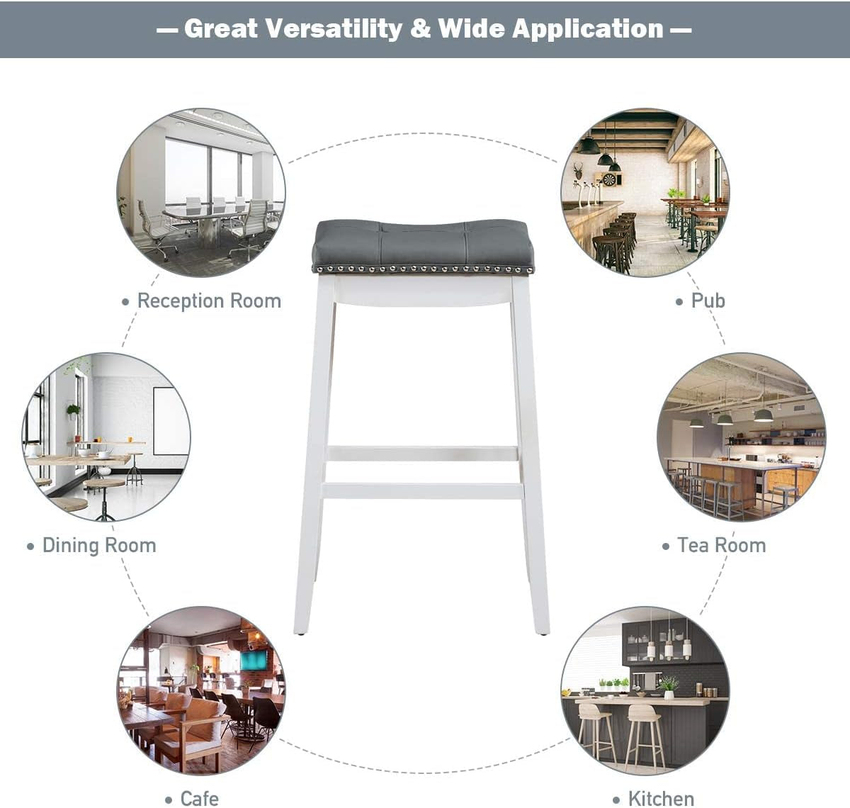 Bar Stools Set of 2, 29-Inch Height Backless Counter Stool with Footrest, Soft Seat Cushion, Wood Legs and Non-Slip Foot Pad, Saddle Stools for Home Kitchen Living Room, Stone Gray+White