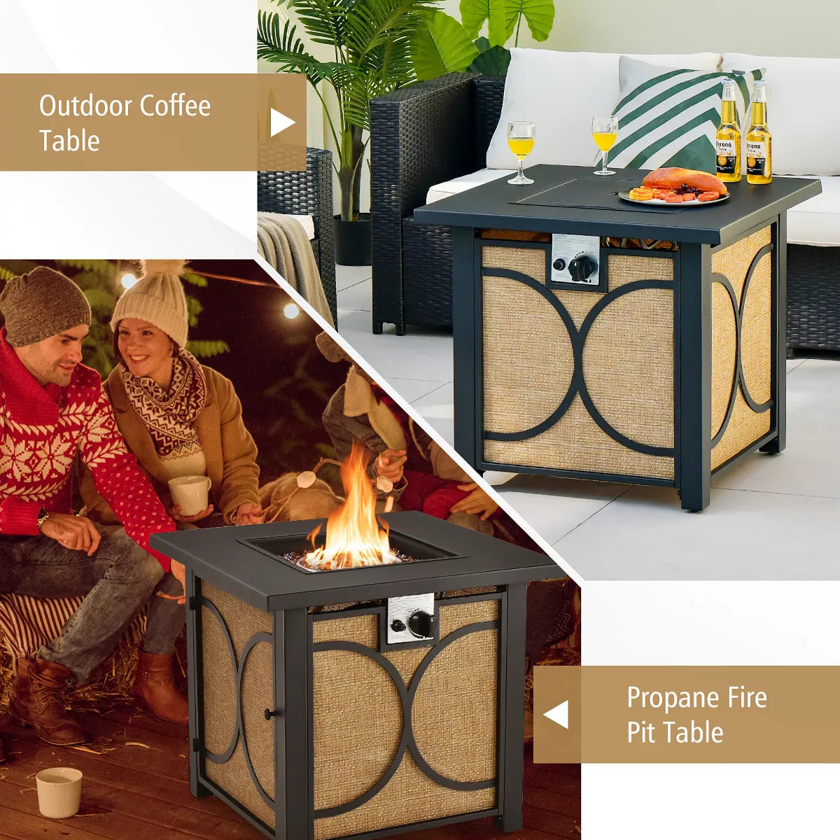 Costway 28 Inch Square Propane Gas Fire Pit Table with Fire Glasses &Rain Cover 50,000 BTU