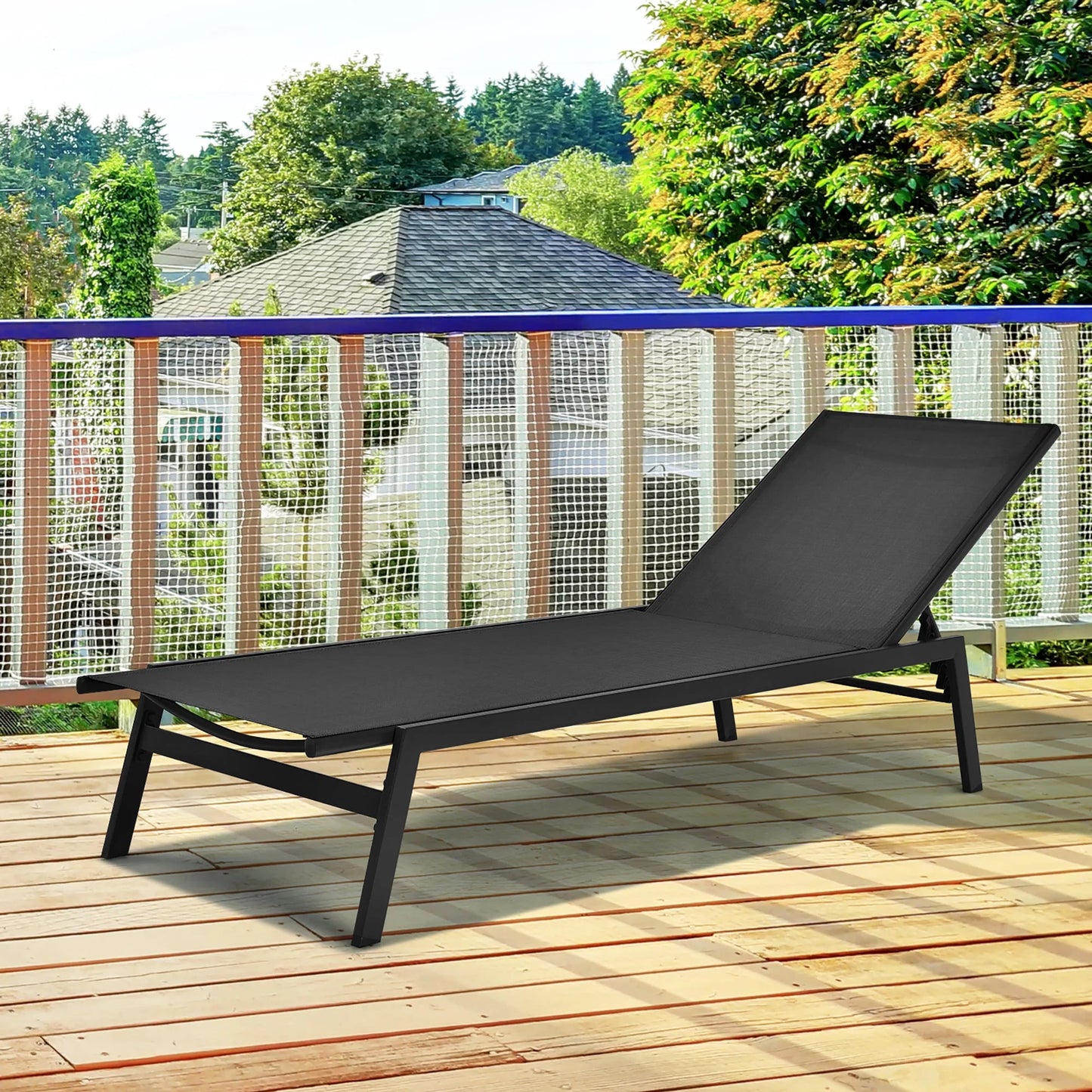 Patio Lounge Chair Chaise Recliner Back Adjustable Garden Deck Black