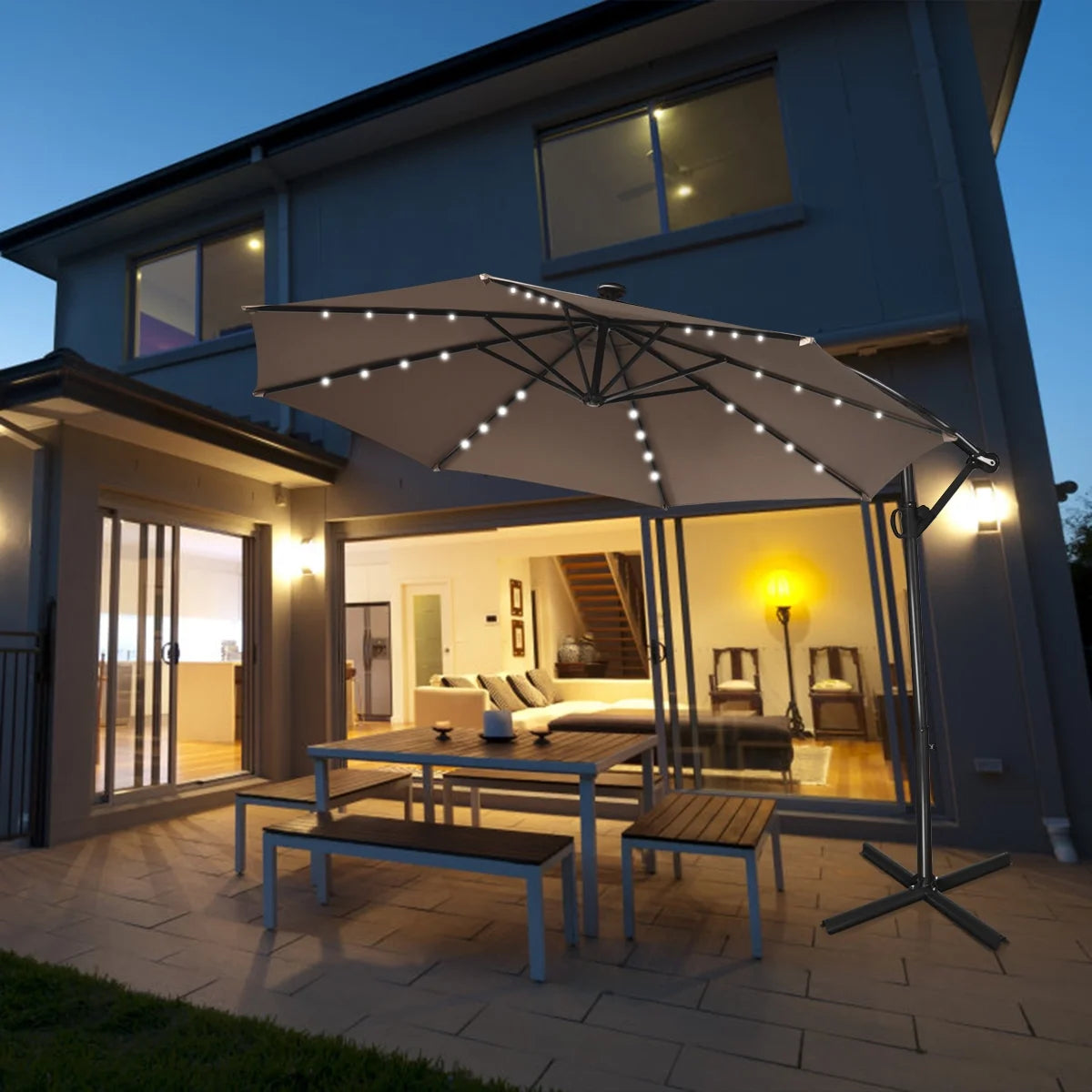 90" Brown Cantilever Patio Umbrellas, LED Lights