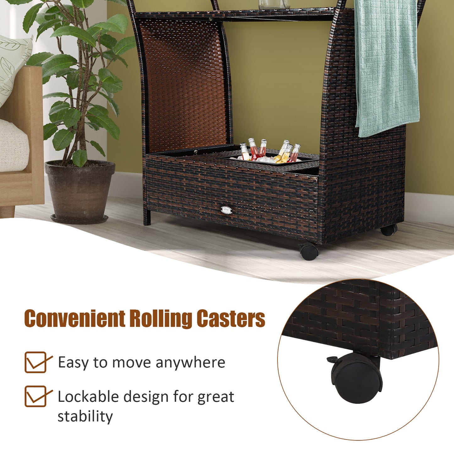 Patio Rolling Rattan Kitchen Trolley Cart Dining Aluminum Frame with Storage Box