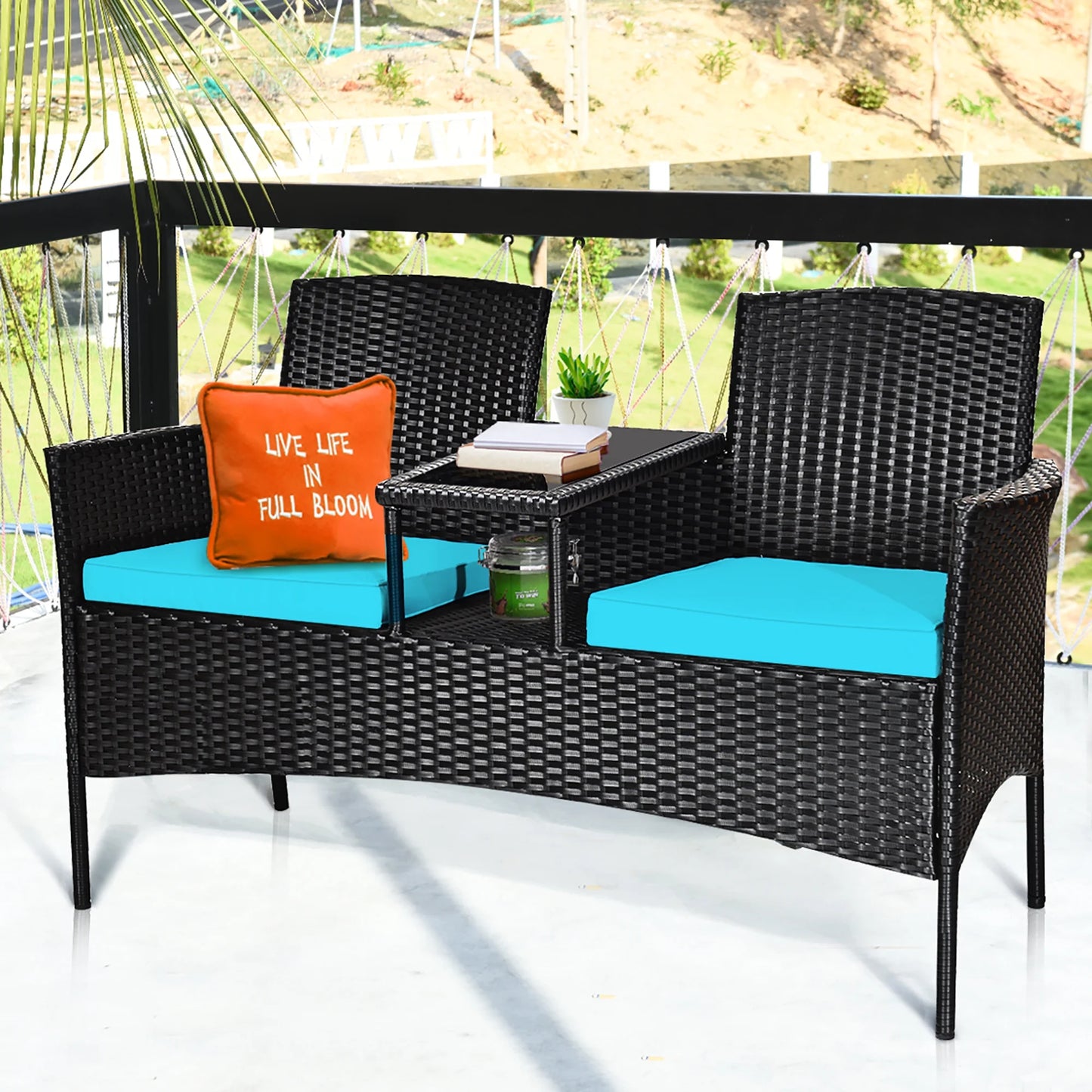 Patio Rattan Conversation Set Seat Sofa Cushioned Loveseat Glass Table Chairs