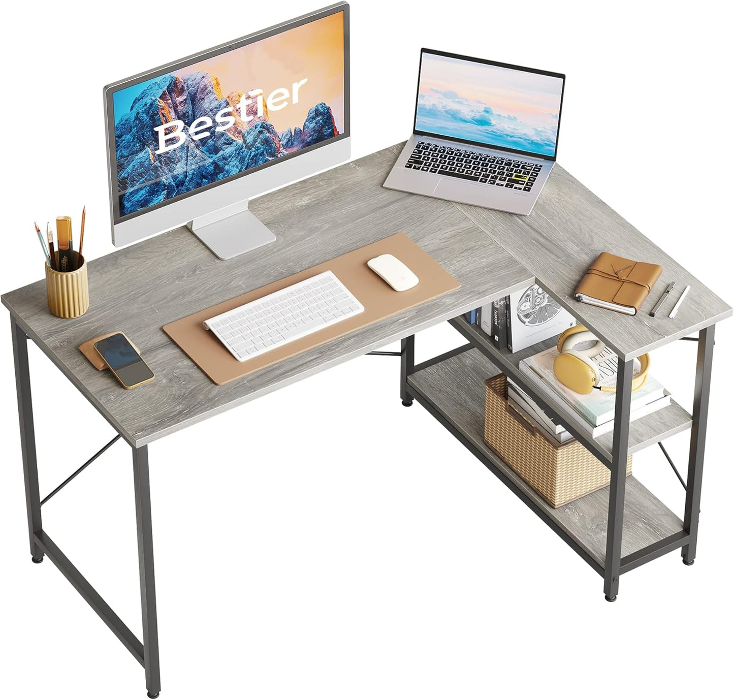 Small L Shaped Desk with Shelves 47 Inch Reversible Corner Computer Desk Writing Gaming Storage Table for Home Office Small Space, Gray Oak