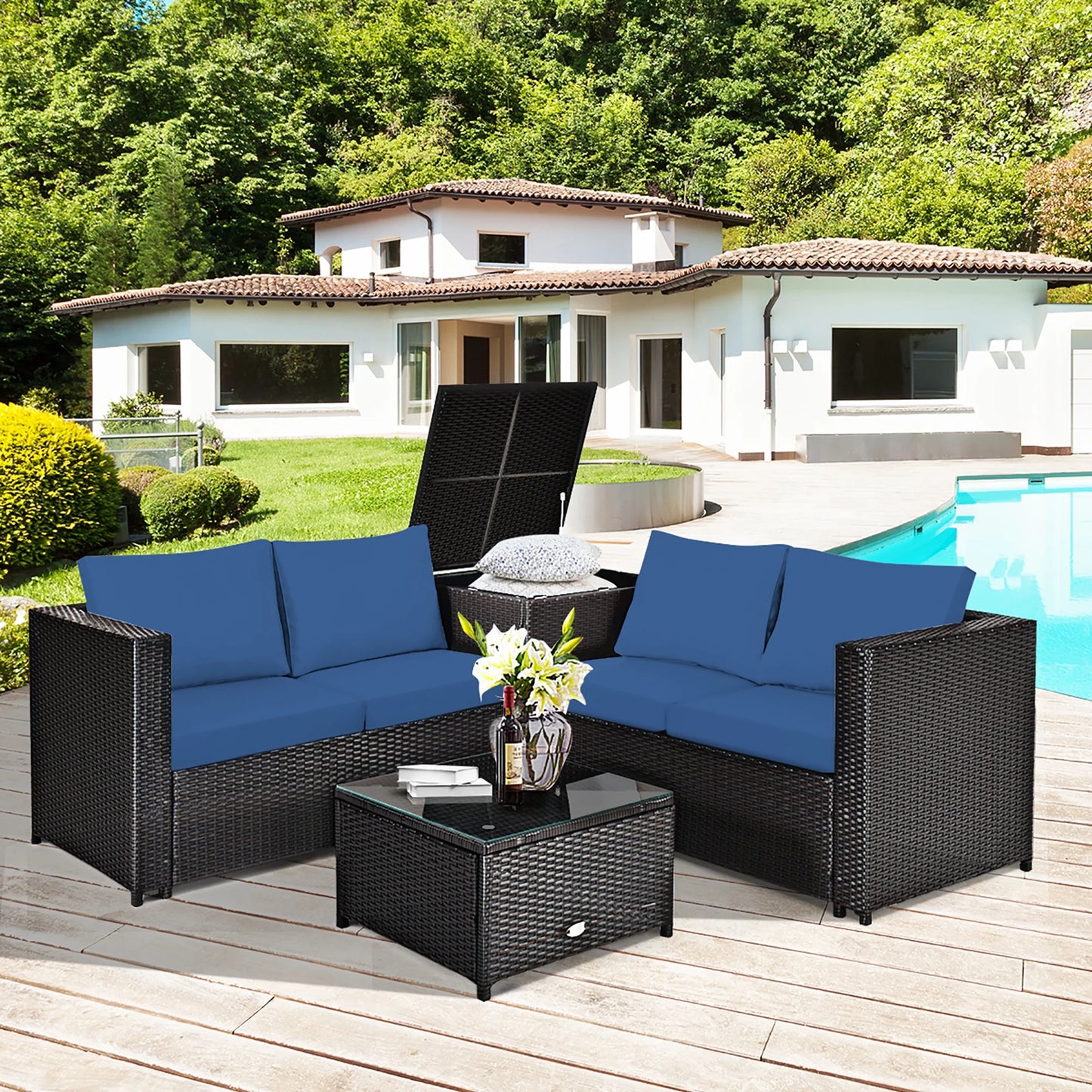 4PCS Patio Rattan Furniture Set Cushioned Loveseat Storage Table Navy