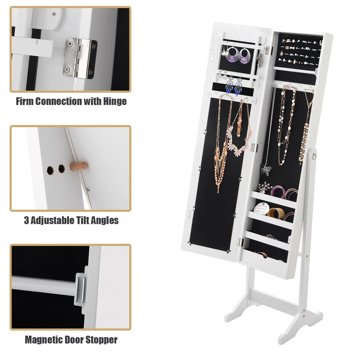 Mirrored Jewelry Cabinet Mirror Organizer Storage Ring Stand