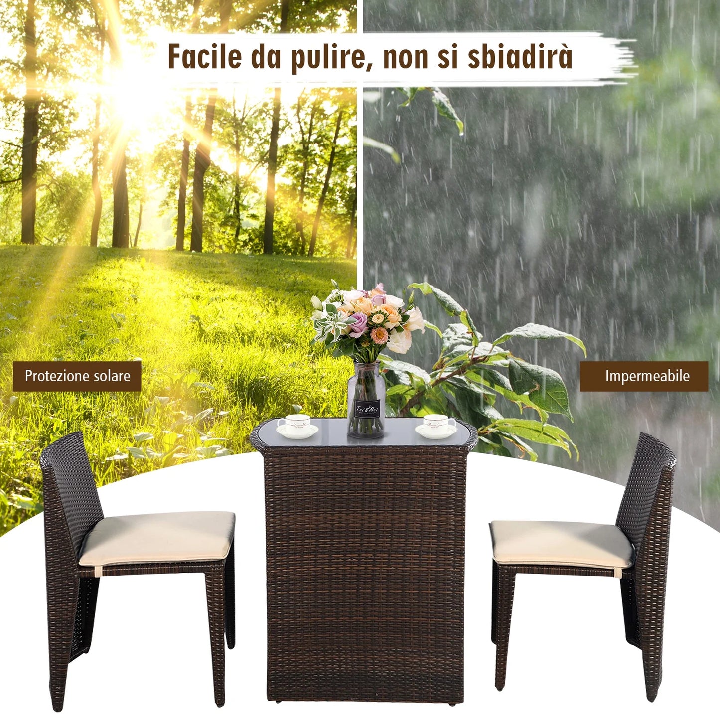 3 PCS Cushioned Outdoor Wicker Patio Set Garden Lawn Sofa Furniture Seat Brown No Assembly