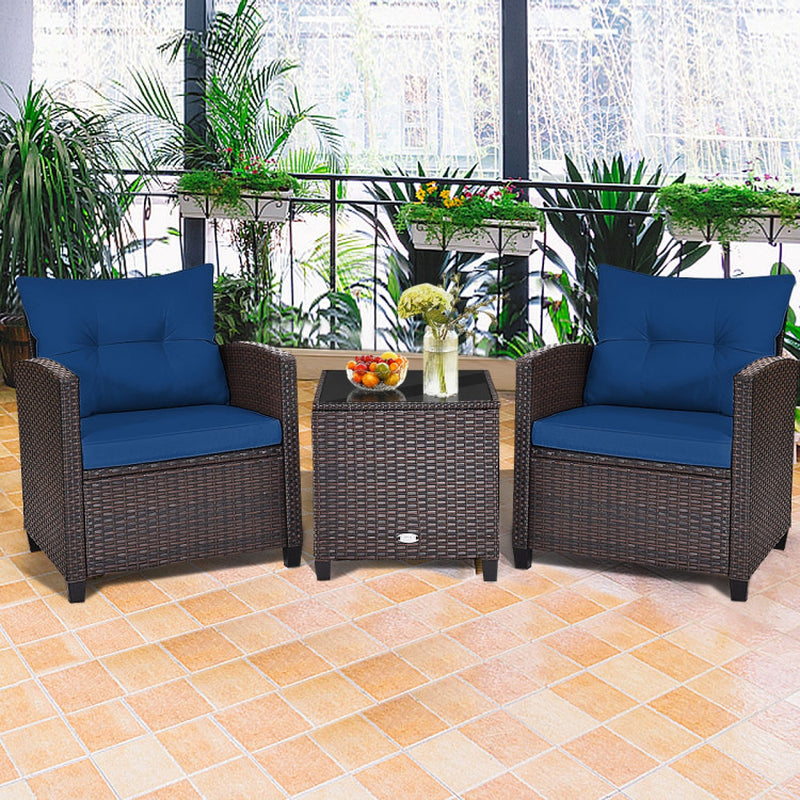 3 Pieces Rattan Patio Furniture Set with Washable Cushion
