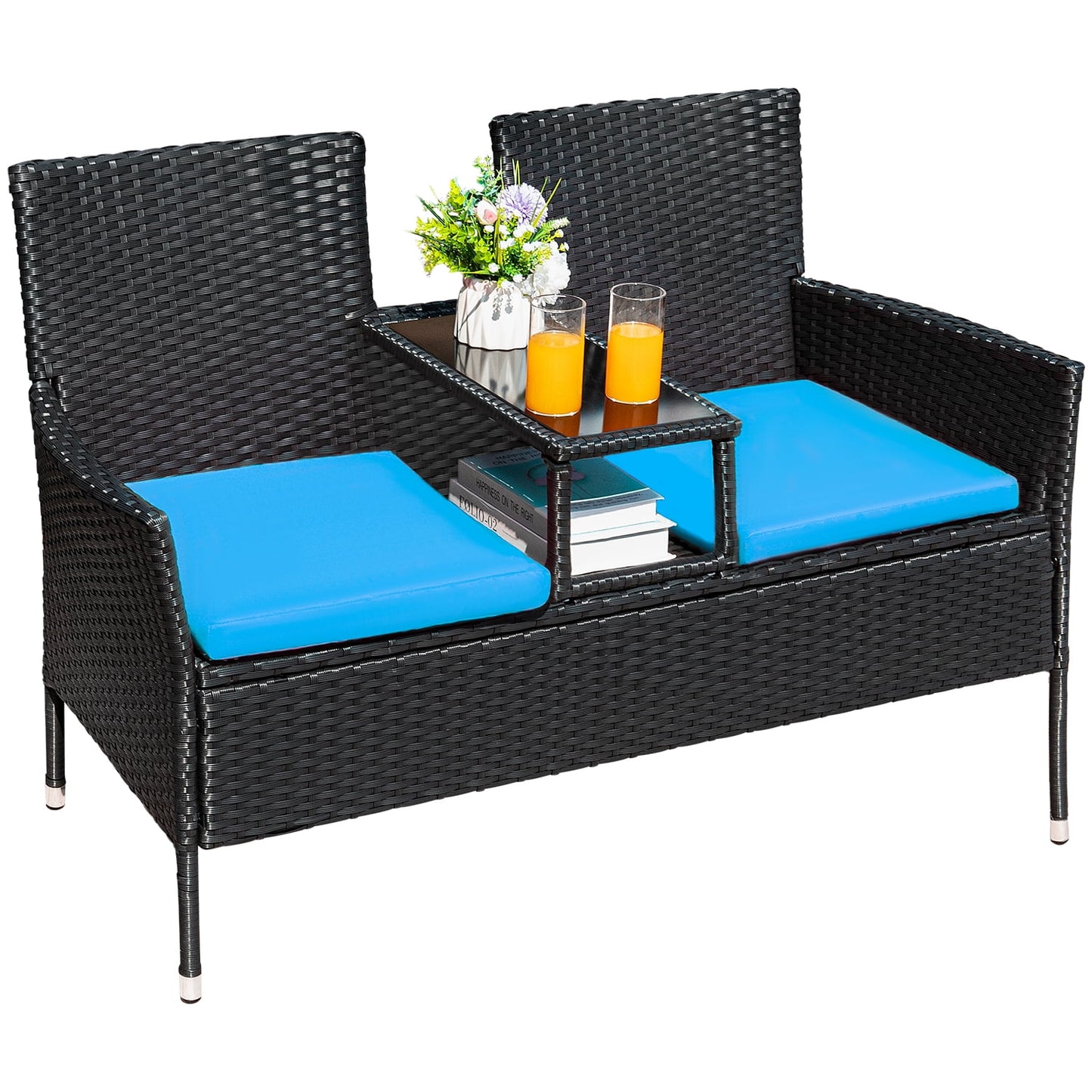 Outdoor Patio Loveseat Modern Rattan Patio Conversation Furniture Set with Cushions and Built-In Coffee Table Porch Furniture for Garden Lawn Backyard, Red