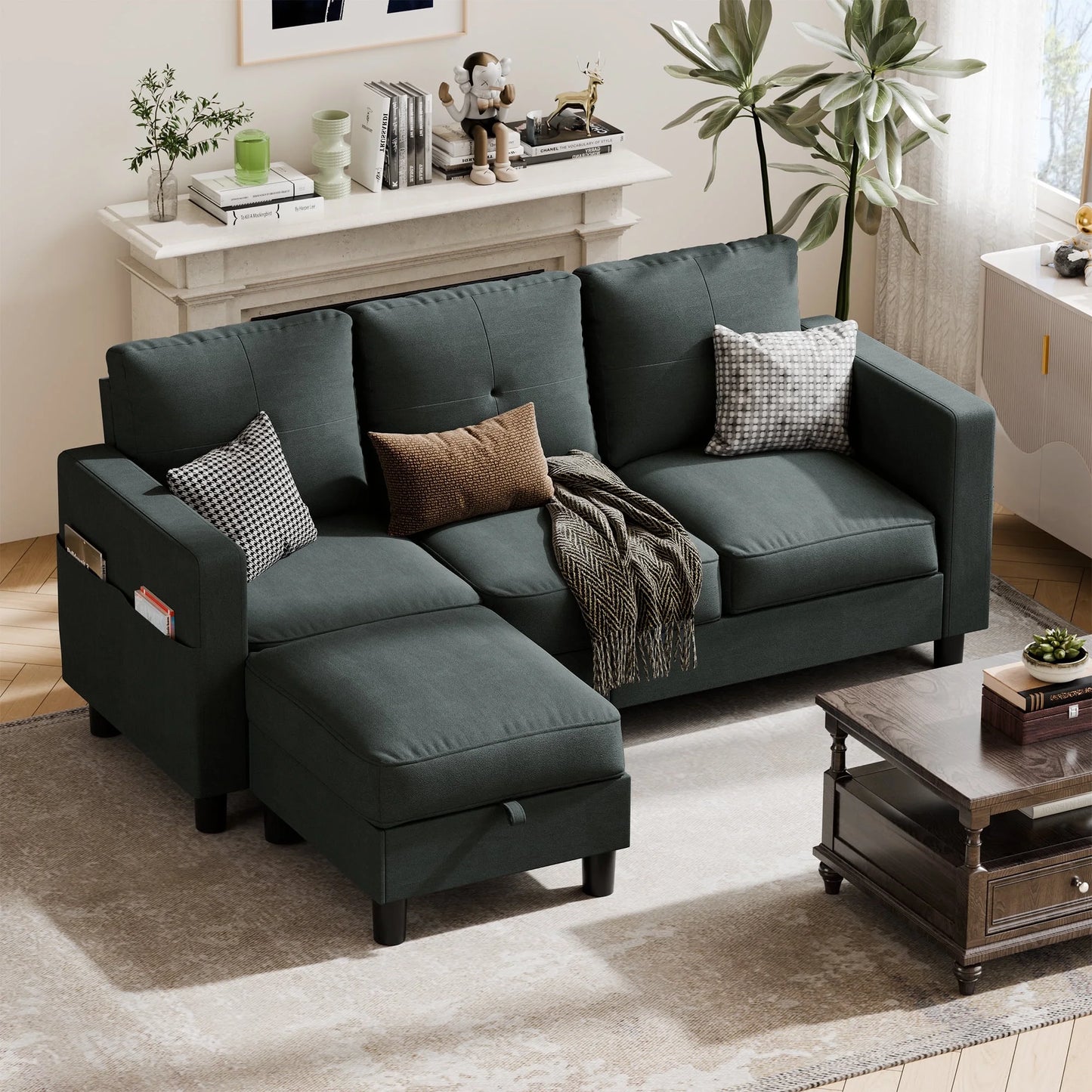 78" Convertible Sectional Sofa Couch L Shaped Couch Sofa for Living Room,Small 3 Seater Sofa Couch with Storage Ottoman and Side Pockets(Light Gray)