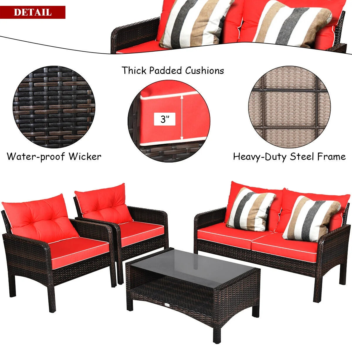 4PCS Patio Rattan Furniture Set Loveseat Sofa Coffee Table Garden W/Red Cushion