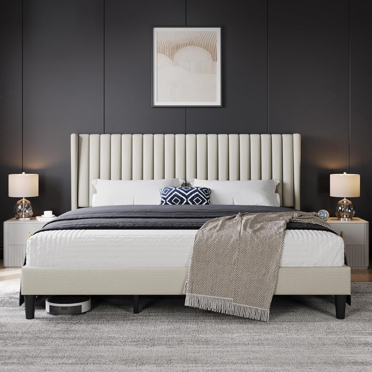 Queen Bed Frame Upholstered Platform Bed with Fabric Headboard, Wing Edge Design/Non-Slip and Noise-Free/Wooden Slats Support/No Box Spring Needed/Easy Assembly, Dark Gray Queen Bed