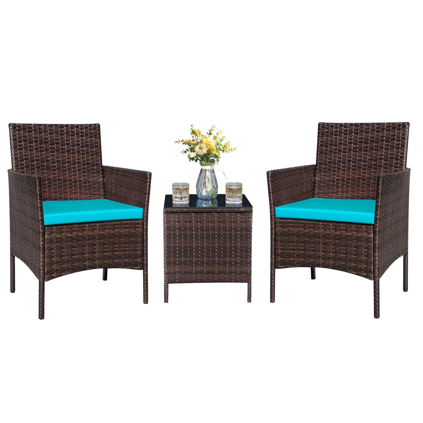 3 Pieces Patio Furniture Set Outdoor PE Rattan Wicker Patio Conversation Set Bistro Set with Tempered Glass and Cushioned Chairs, Brown/Beige