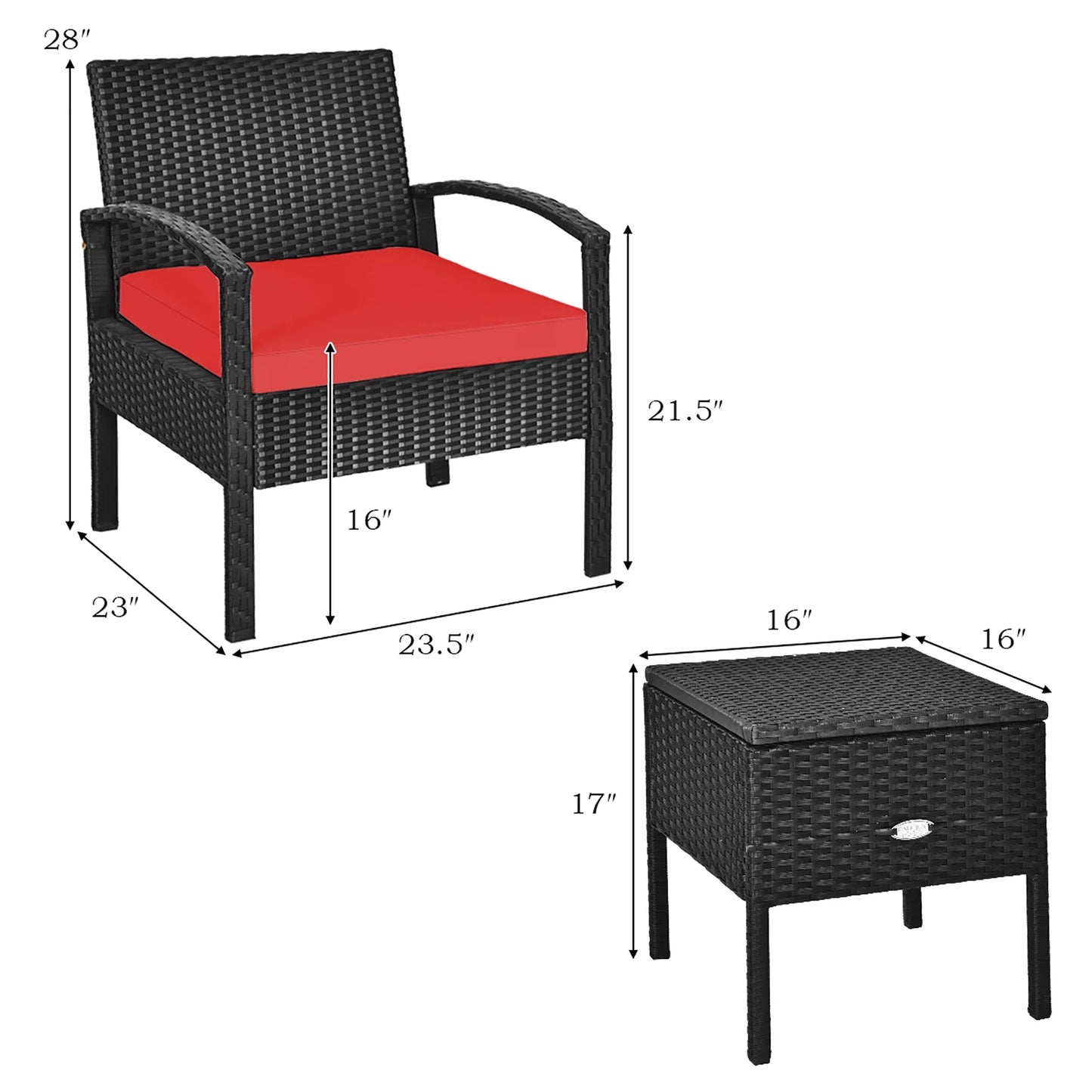 3PCS Patio Rattan Furniture Set Storage Table Cushioned Sofa Deck Red
