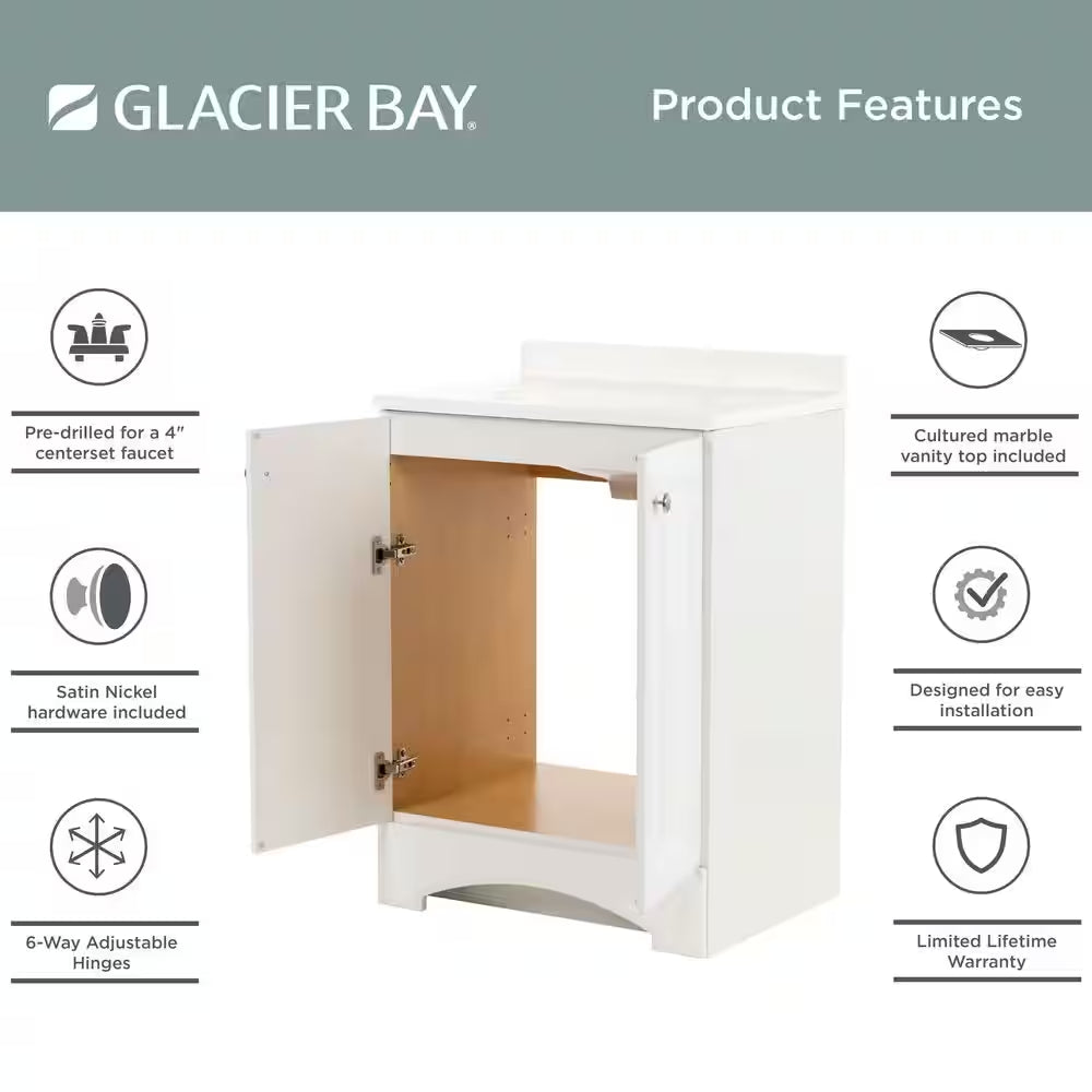 25 In. Single Sink White Bath Vanity with Cultured Marble Top (Assembled)