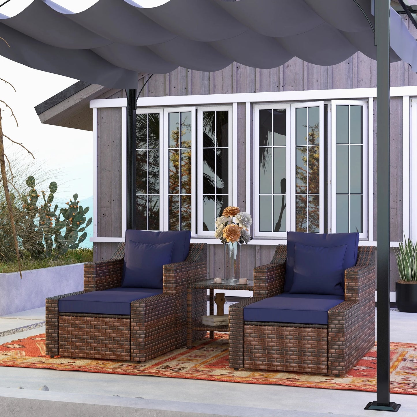 5-Piece PE Rattan Outdoor Patio Dining Set with Ottoman and Coffee Table, Gray