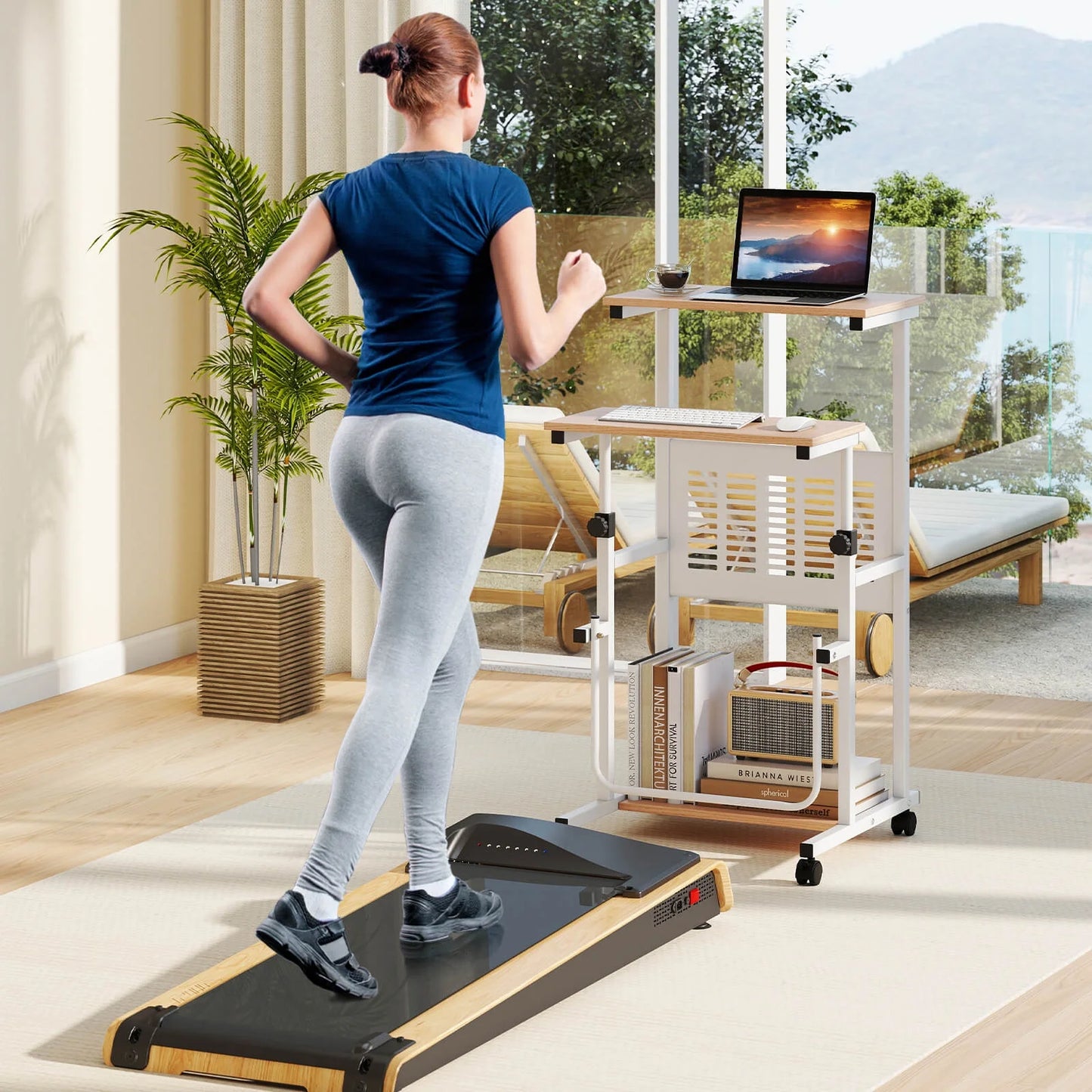 Adjustable Standing Desk with Footrest Mesh Panel Lockable Wheels Sit Home Office