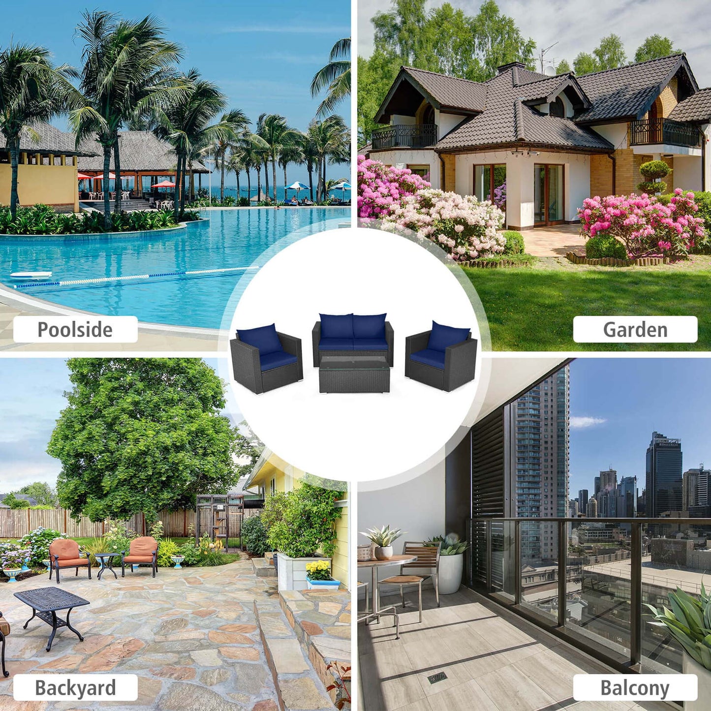 4 PCS Patio Rattan Furniture Set Cushioned Sofa Chair Coffee Table Blue