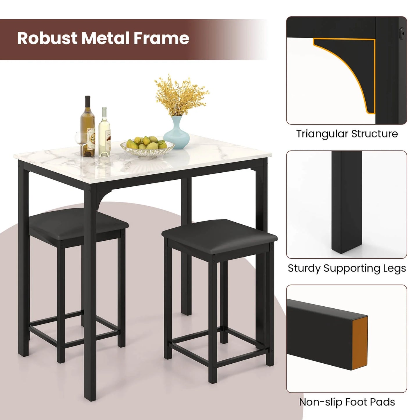 3 Piece Counter Height Dining Set Faux Marble Table and 2 Chairs Kitchen Bar