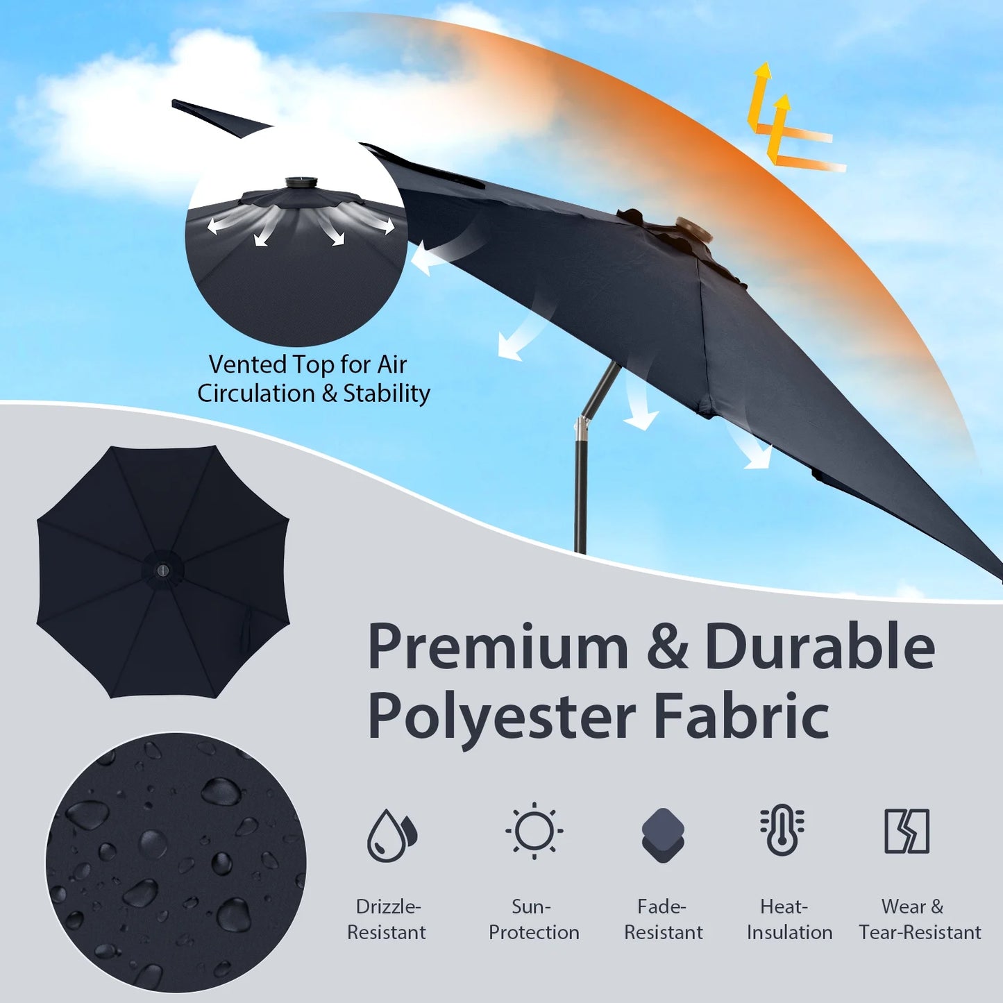 10' Navy round Market Patio Umbrellas, Solar Lighted