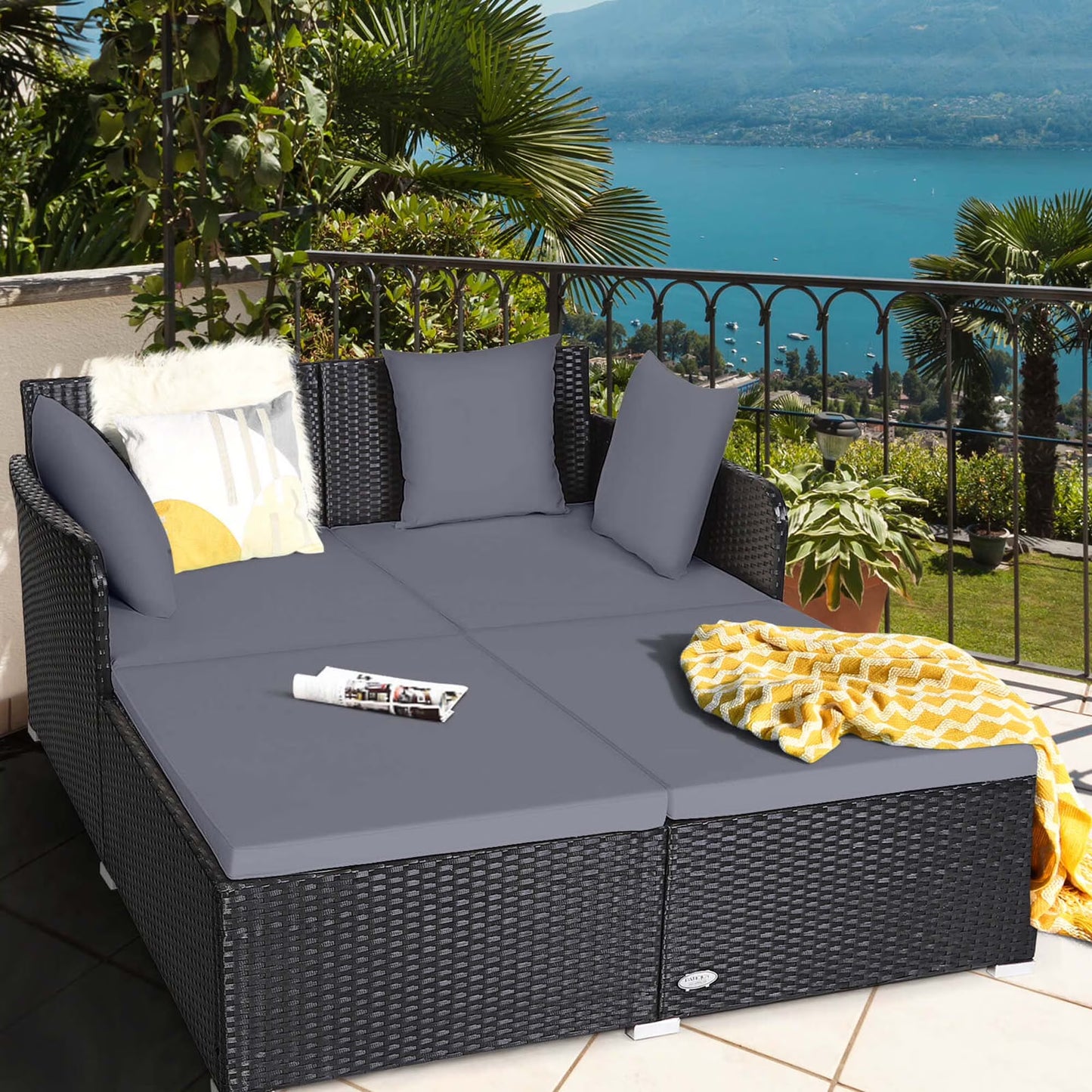 Outdoor Patio Rattan Daybed Pillows Cushioned Sofa Furniture Navy