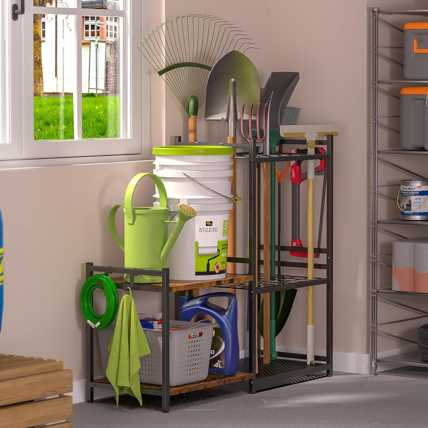 Garage Tool Organizer with 2-Tier Wooden Shelves, Yard Tool Organizer for Garage
