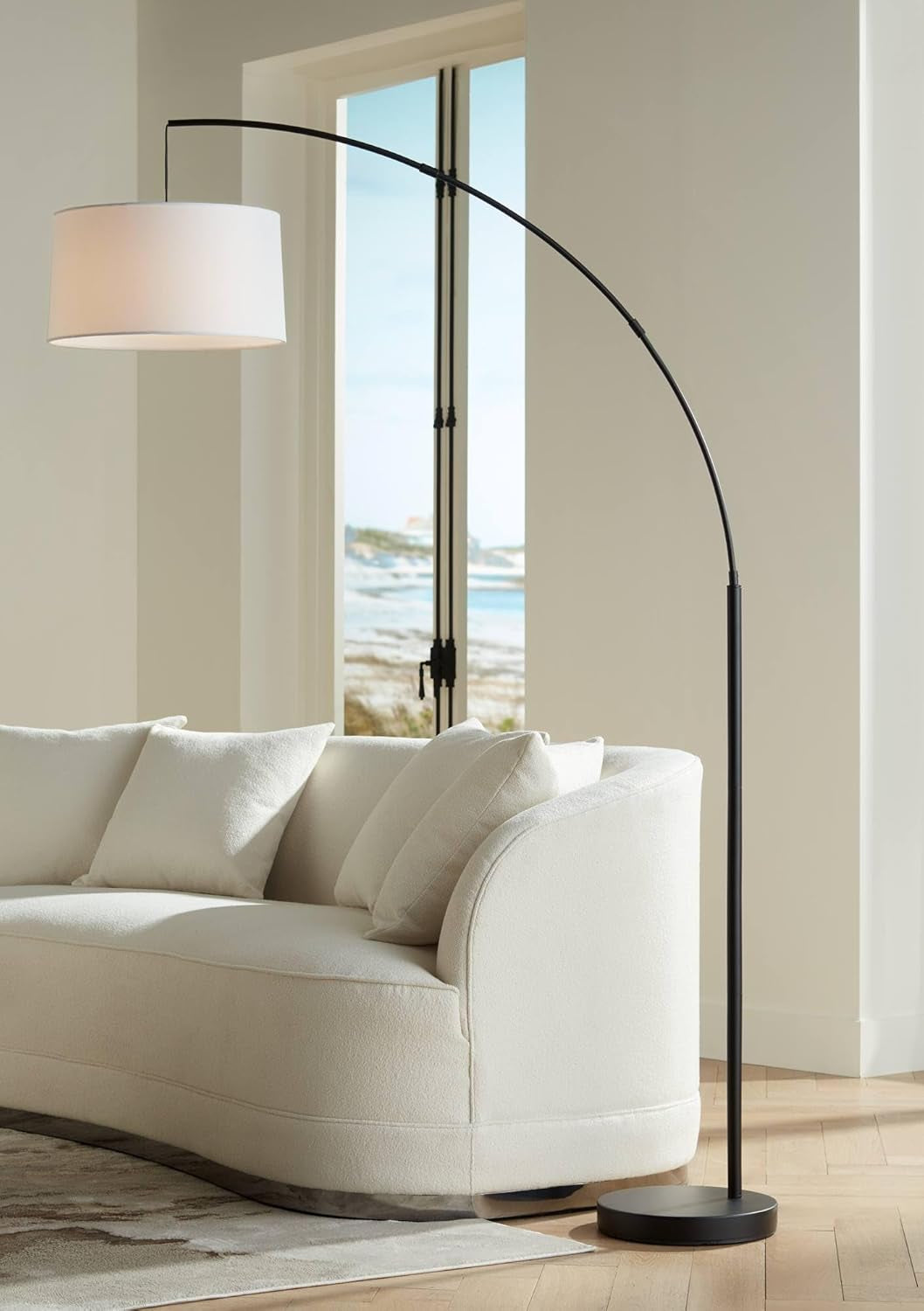 Cora Modern Arched Task Floor Lamp Standing 72" Tall Brushed Nickel Silver off White Linen Fabric Drum Shade for Living Room Reading House Bedroom Home Decor